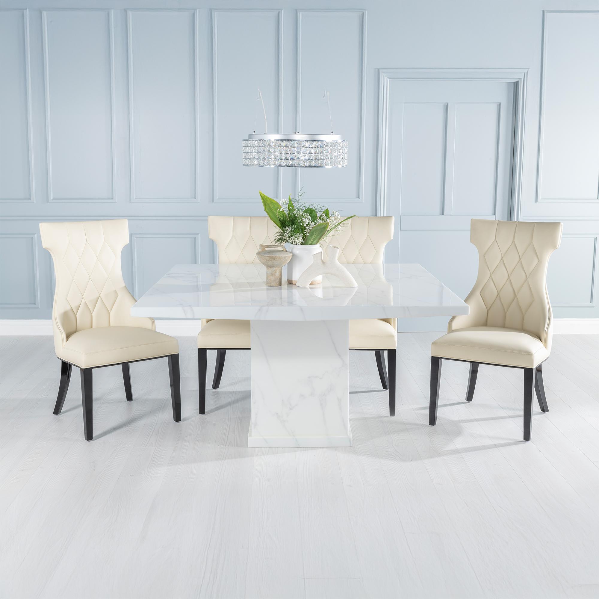 Turin White Marble Square Dining Set - Mimi Cream Faux Leather Chair