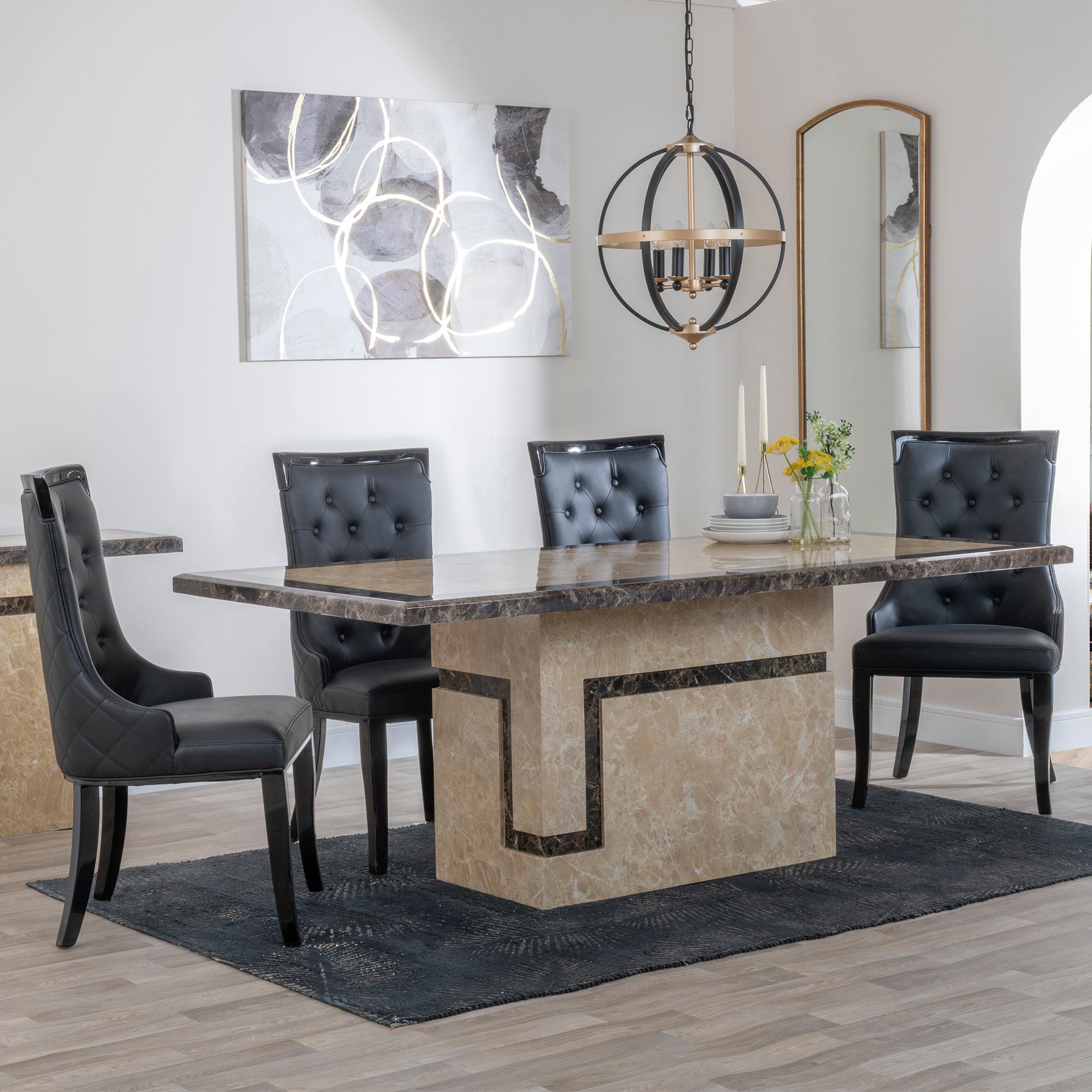 Venice Cream Marble Dining Set - Carmela Black Leather Dining Chair