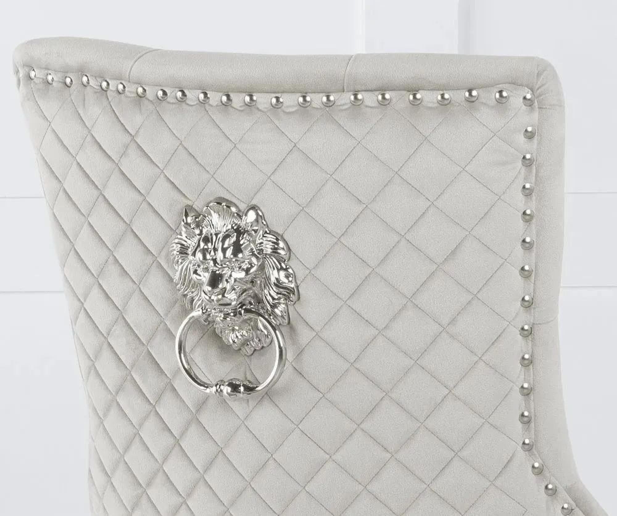 Venice Dining Set - 6 Seater - 160cm - Cream Marble - Lion Knocker Back Dining Chairs - Champagne Velvet Fabric - Chrome Legs