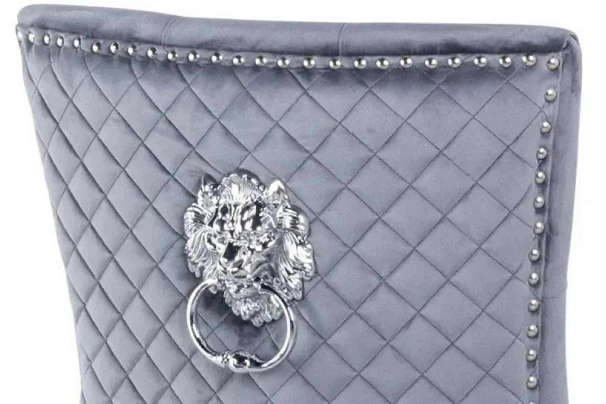 Venice Dining Set - 6 Seater - 160cm - Cream Marble - Lion Knocker Back Dining Chairs - Grey Velvet Fabric - Black Wooden Legs