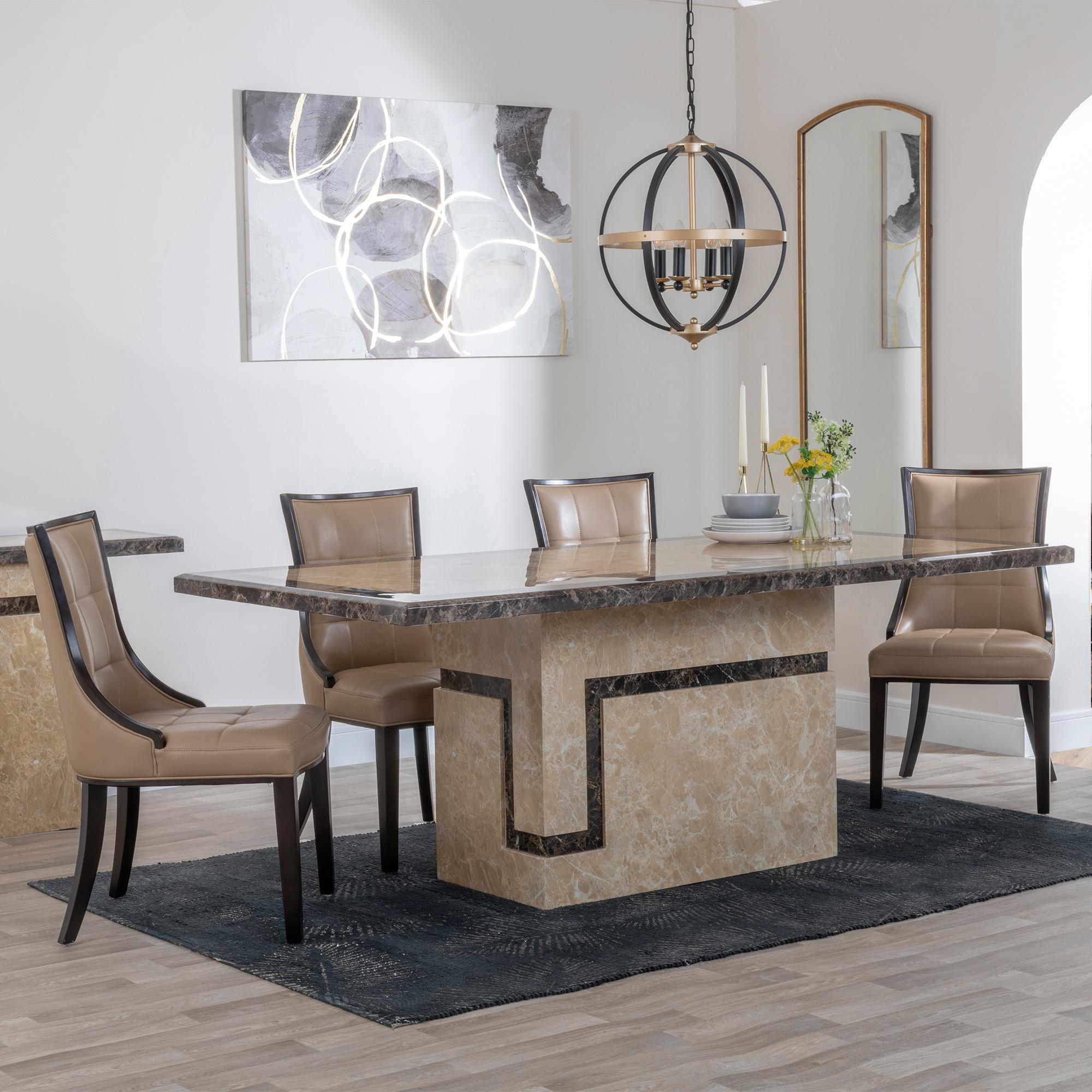 Venice Cream Marble Dining Set - Paris Taupe Leather Dining Chair with Brown Legs