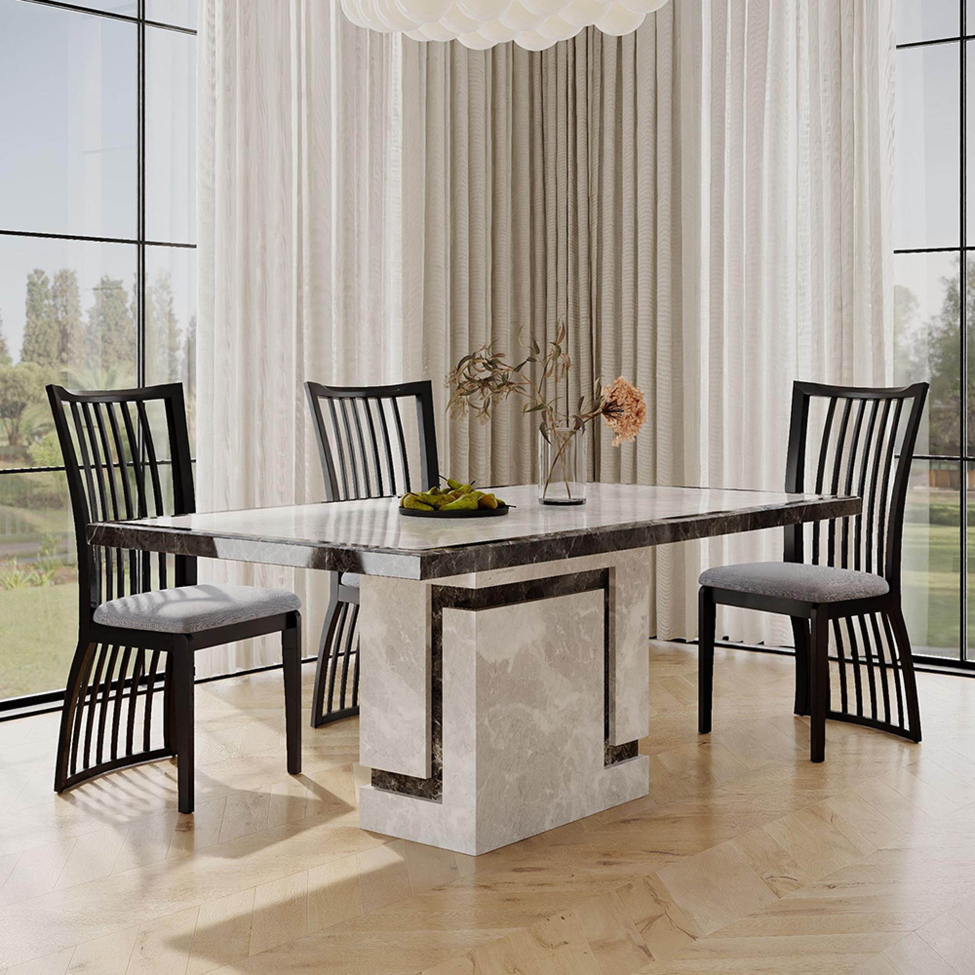 Venice Grey Marble Dining Set - Athena Black High Gloss Slatted Back Dining Chair with Grey Seat Pads