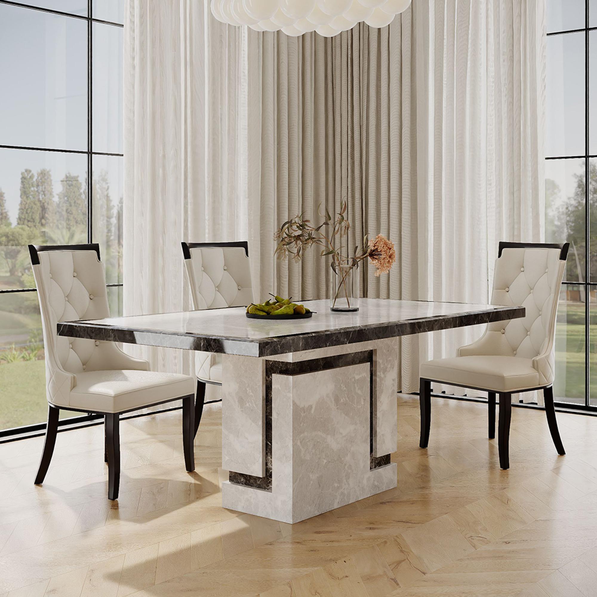 Venice Grey Marble Dining Set - Carmela Cream Leather Dining Chair