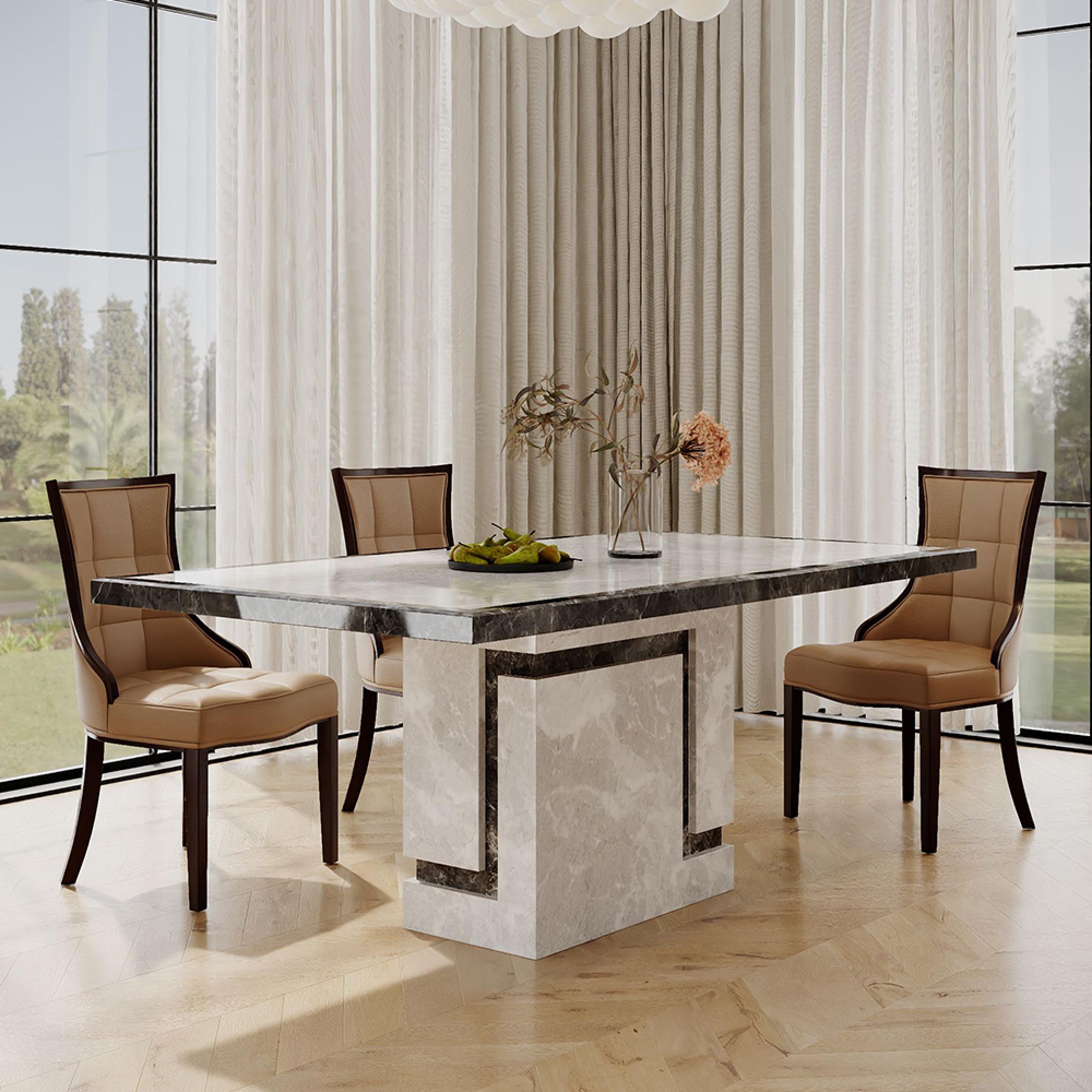 Venice Grey Marble Dining Set - Paris Taupe Leather Dining Chair with Brown Legs