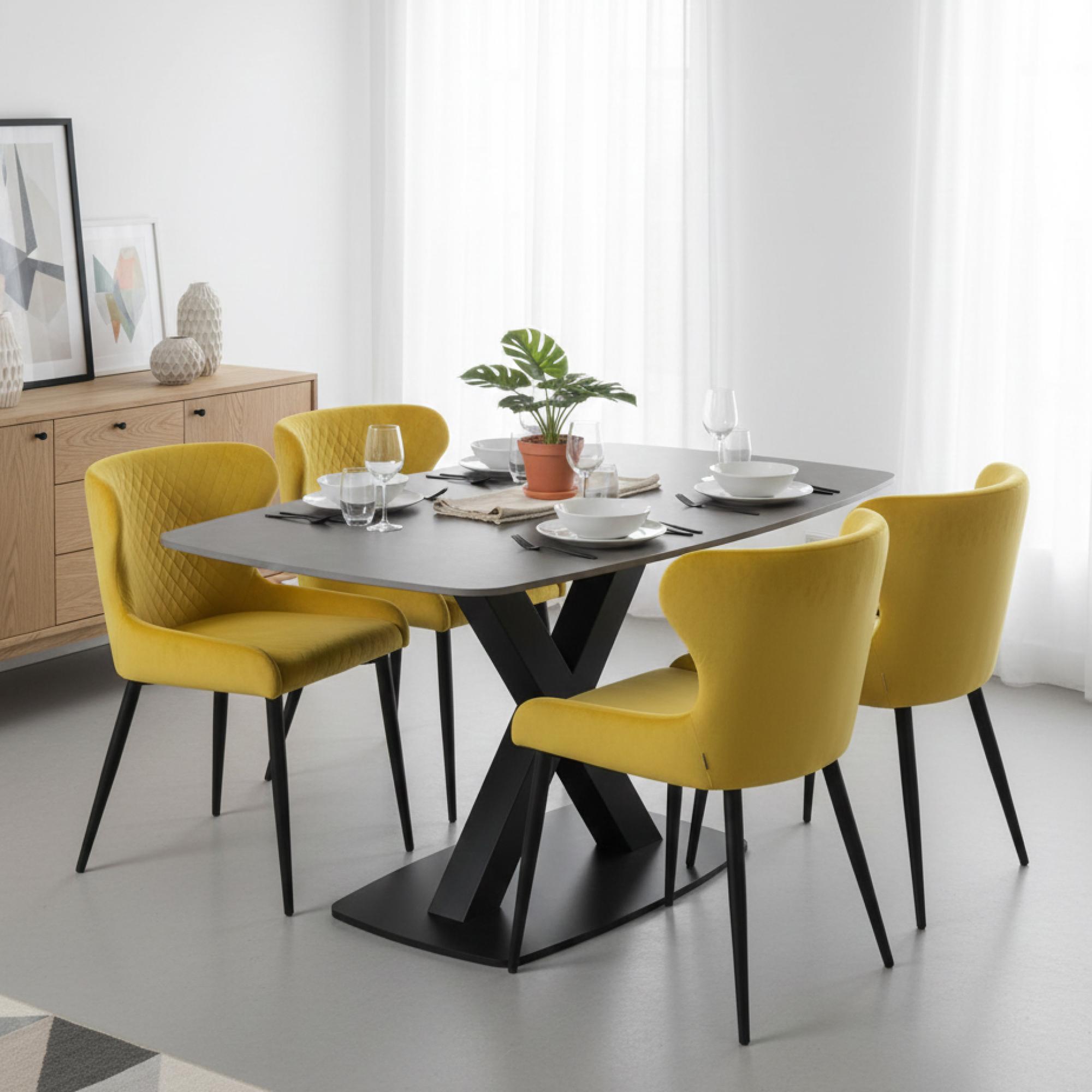 Vernal Dining Set - 4 Seater - 130cm - Grey Sintered Stone - 4 Langley Yellow Fabric Chair