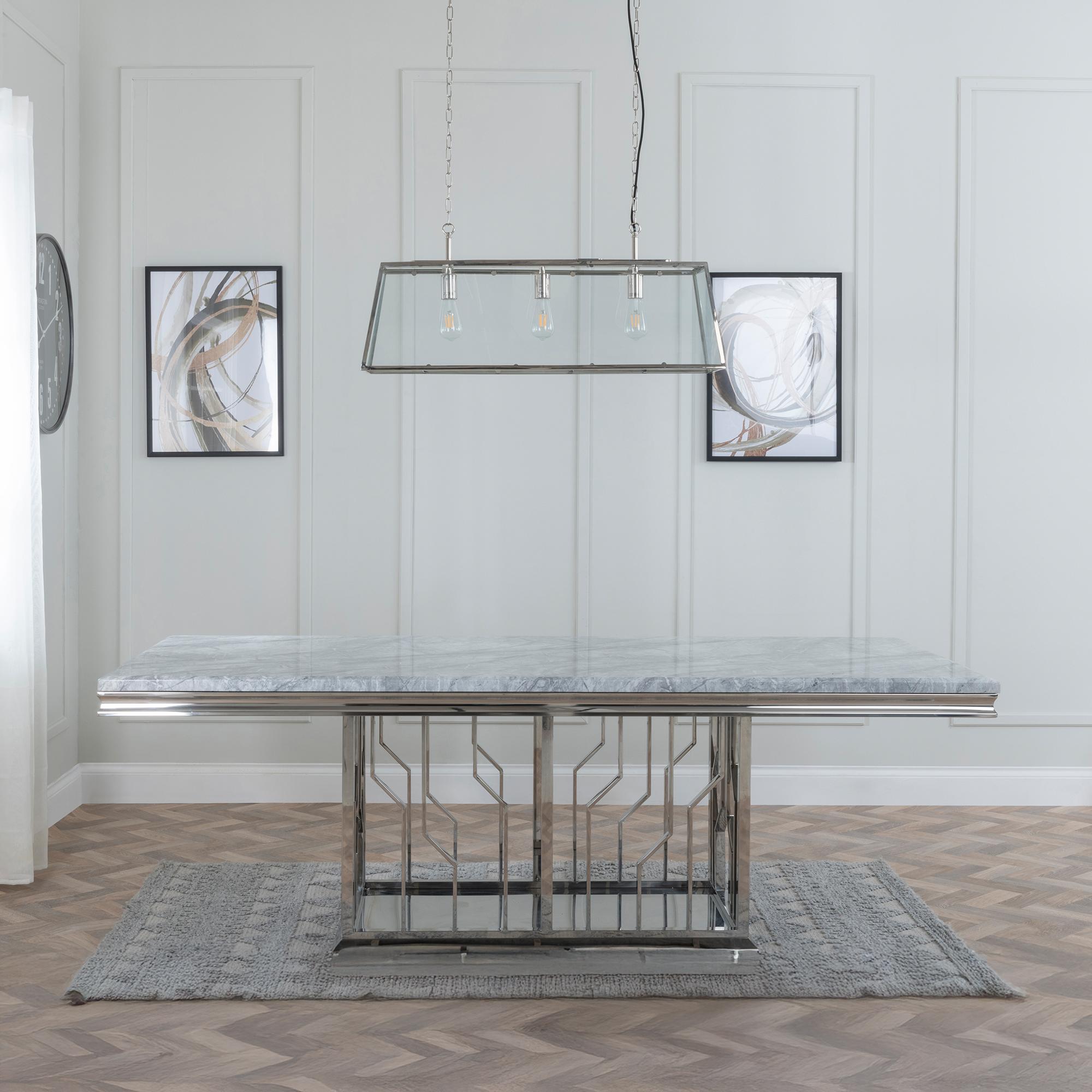 Vortex Dining Set - 10 Seater - 220cm - Grey Marble & Chrome - Bianco Dining Chairs - Grey Faux Leather