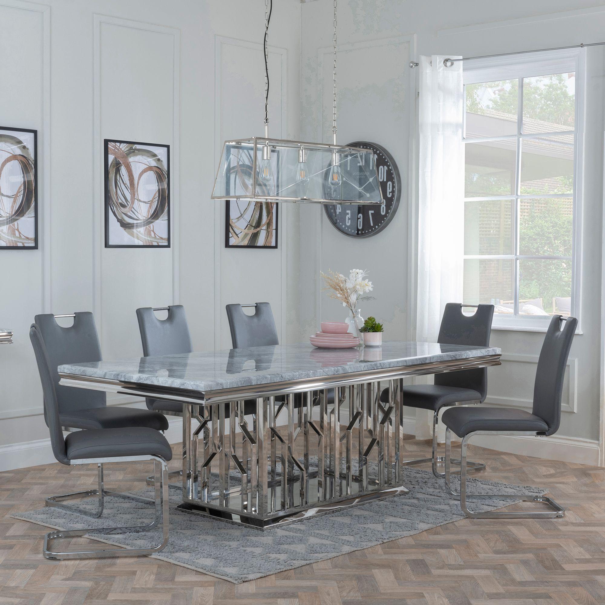 Vortex Grey Marble and Chrome Dining Set - Bianco Grey Faux Leather Dining Chair