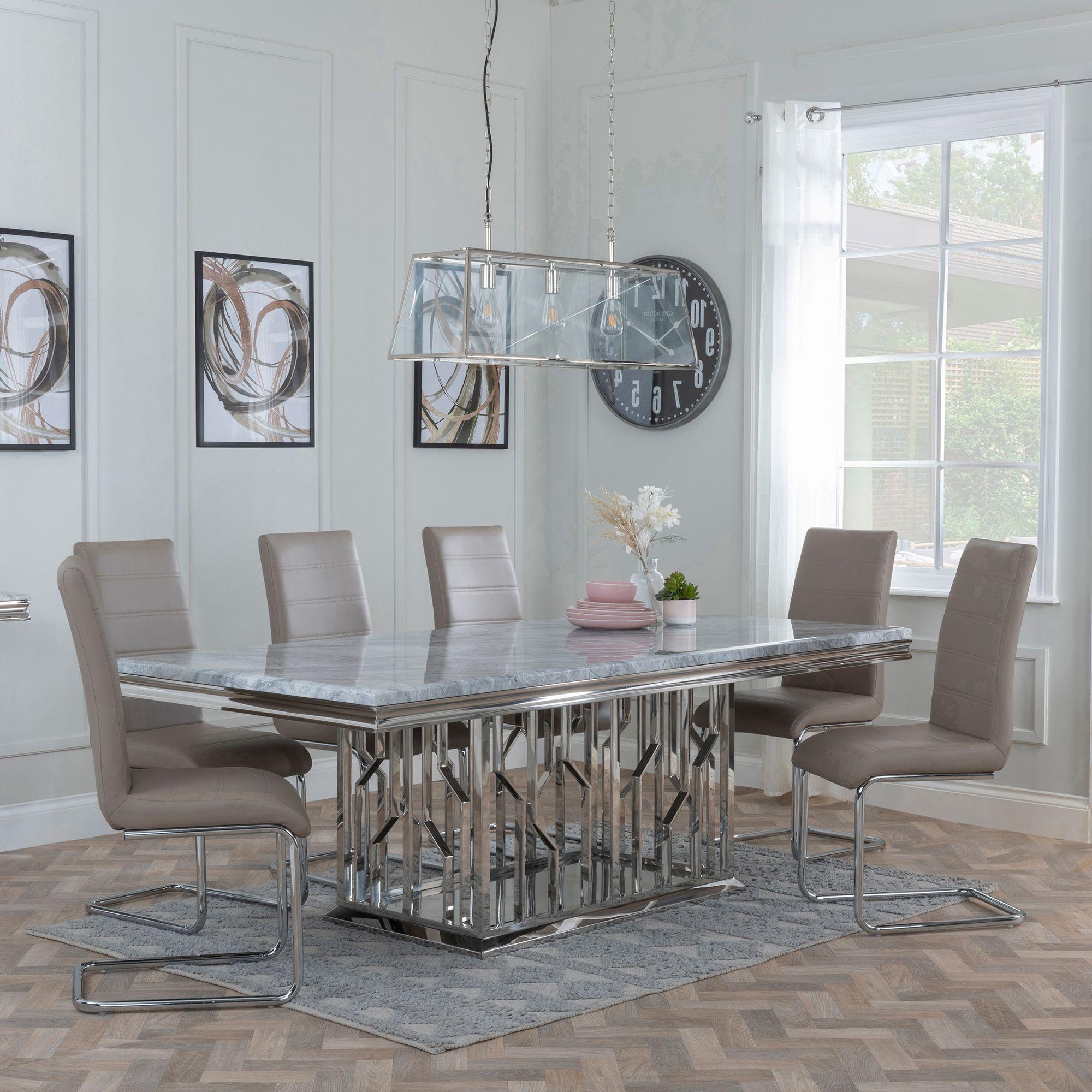 Vortex Grey Marble and Chrome Dining Set - Roma Beige Faux Leather Dining Chair