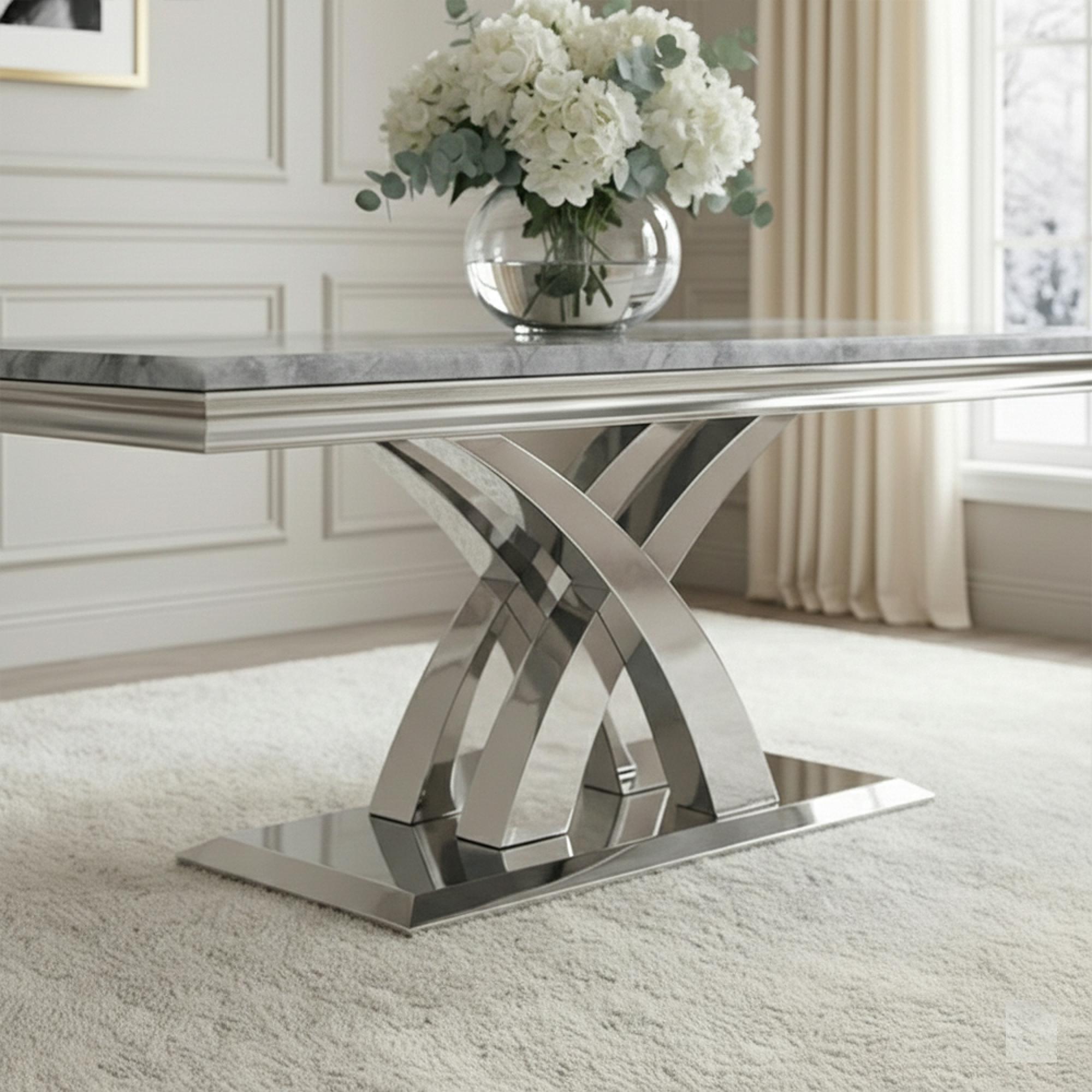 Lisbon Dining Table - Grey Marble & Chrome - Sizes Available