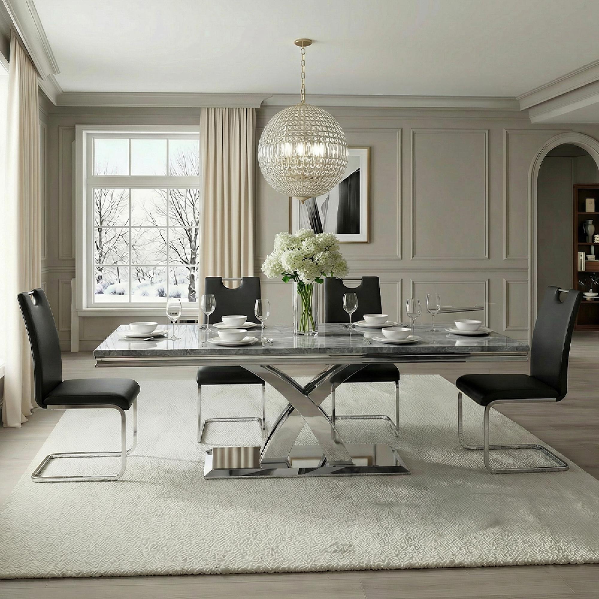 Lisbon Dining Table - Grey Marble & Chrome - Sizes Available
