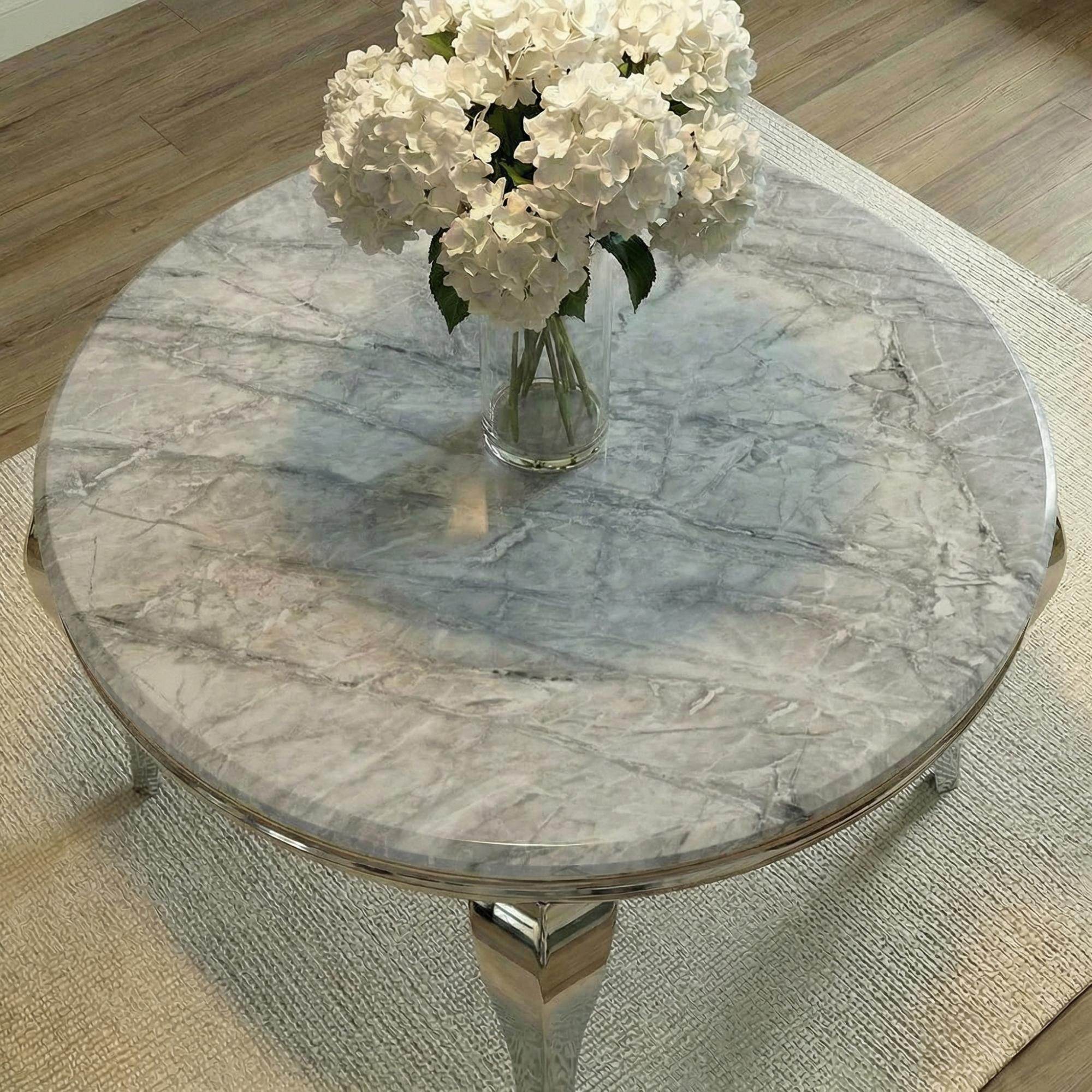 Louis Round Dining Table - 4 Seater - 120cm - Grey Marble & Chrome
