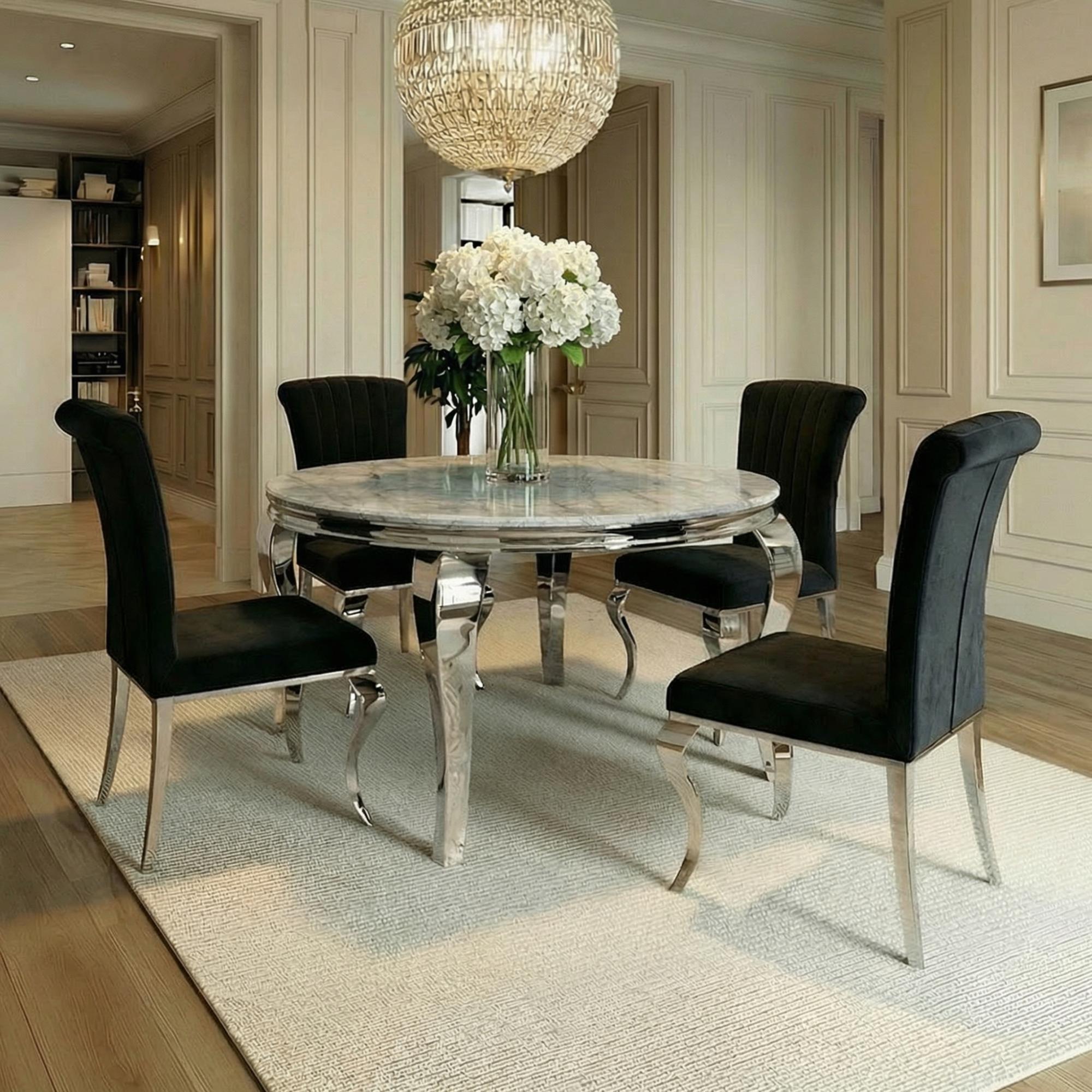 Louis Round Dining Table - 4 Seater - 120cm - Grey Marble & Chrome