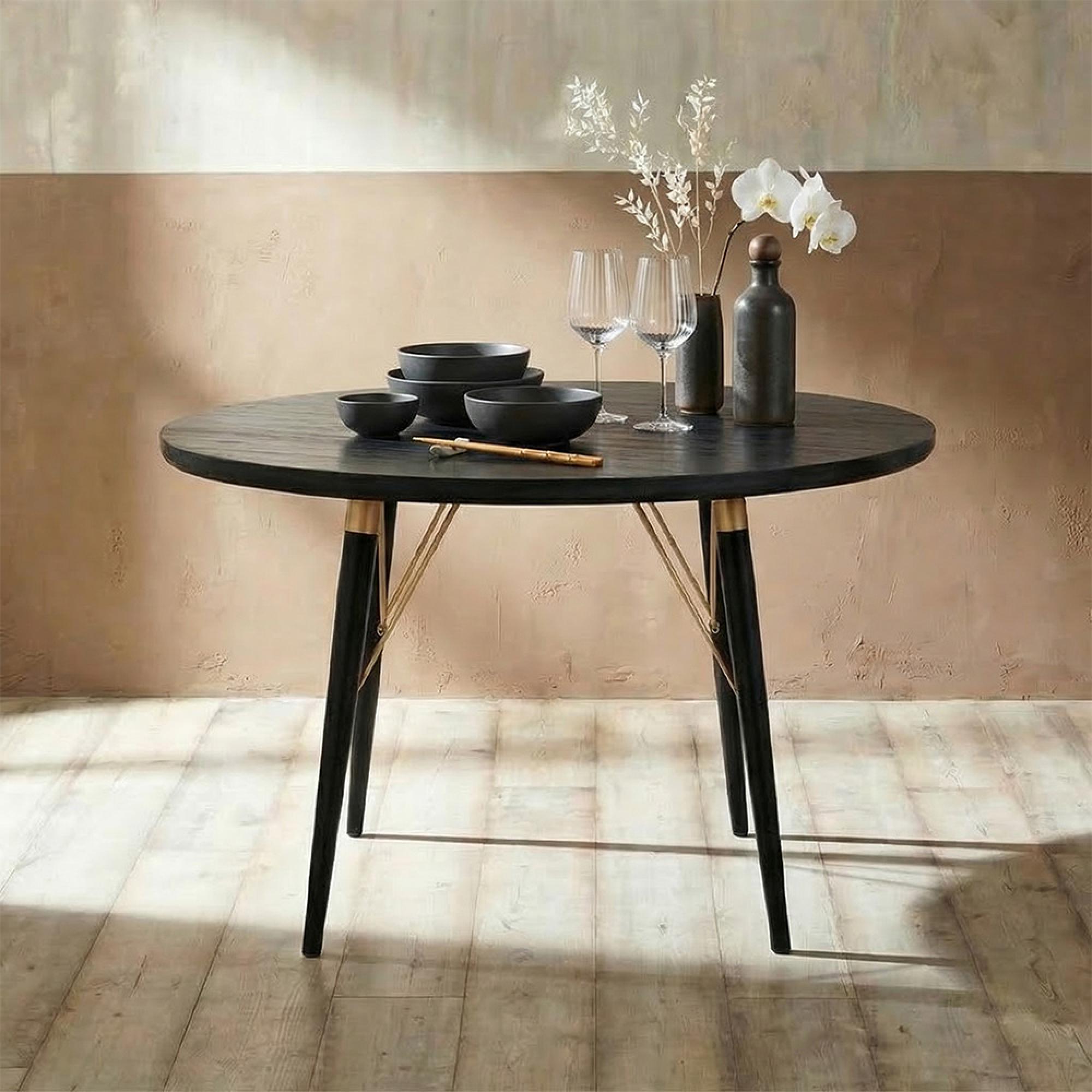Dining Table - 4 Seater - 120cm - Round - Black & Gold