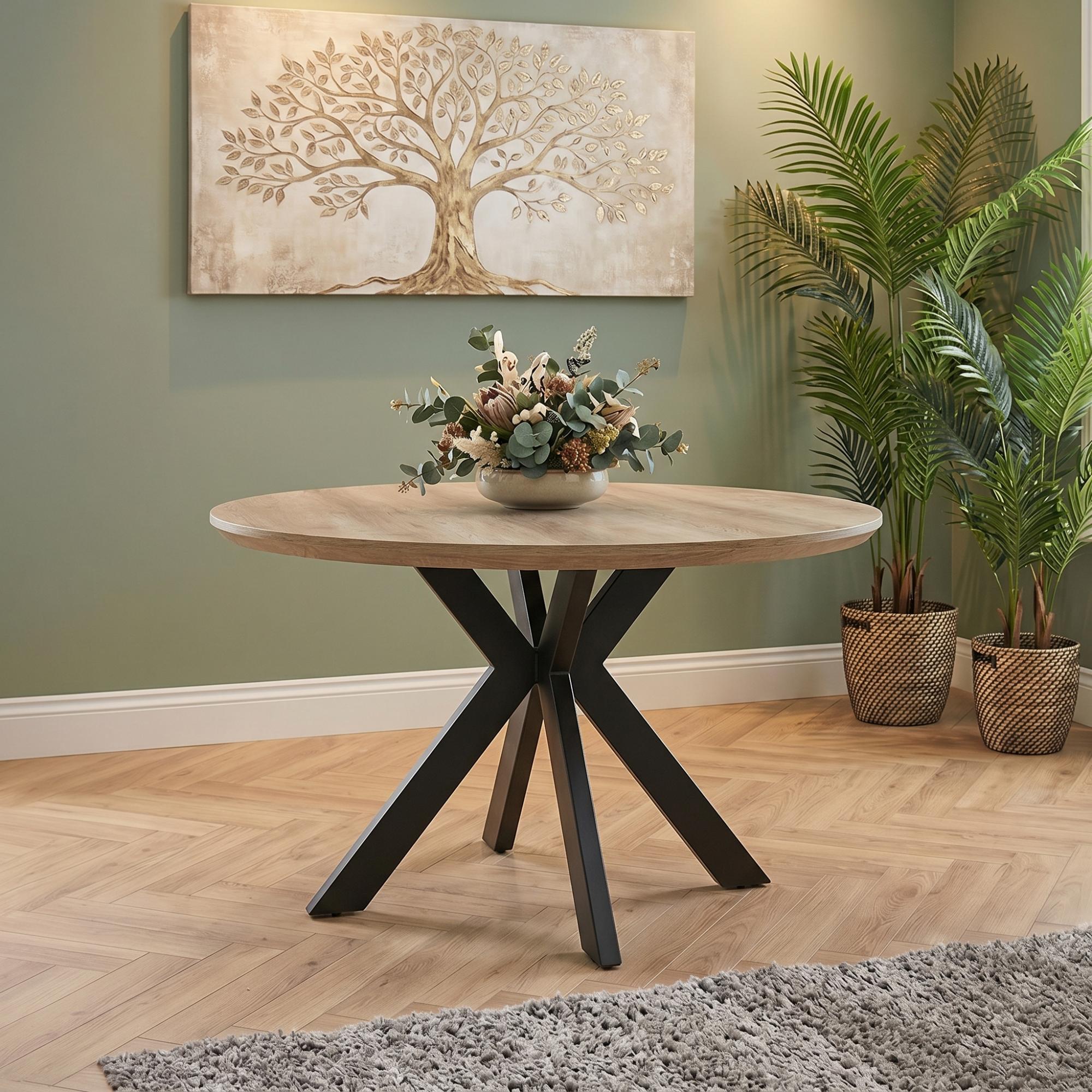 Manhattan Dining Table - Oak - 4 Seater - 120cm - Round - Black Spider Legs Base