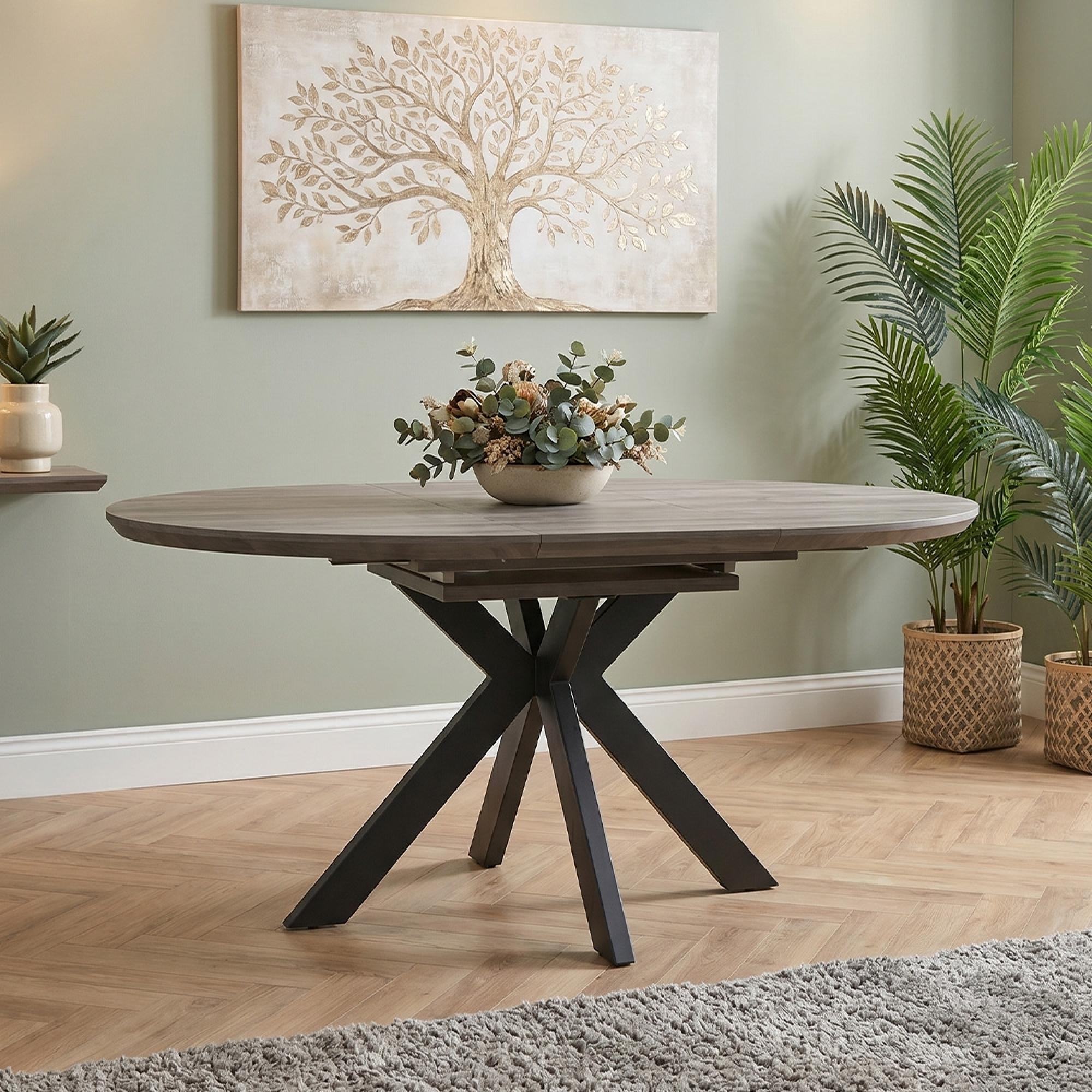 Manhattan Extending Dining Table - Grey - 4-6 Seater - 120cm-160cm - Oval - Black Spider Legs Base