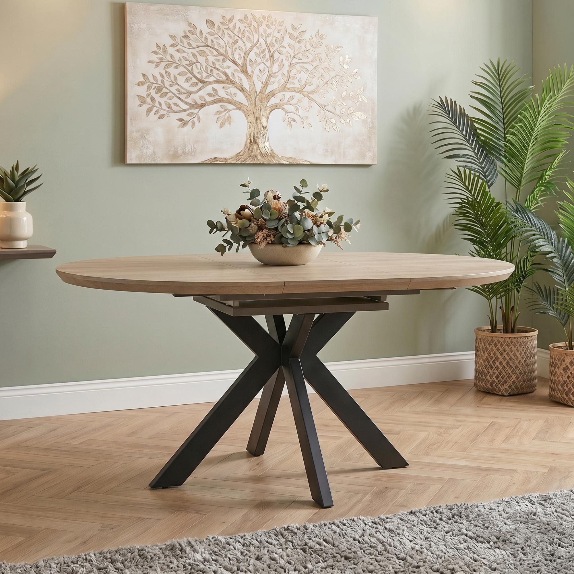 Manhattan Extending Dining Table - Oak - 4-6 Seater - 120cm-160cm - Oval - Black Spider Legs Base