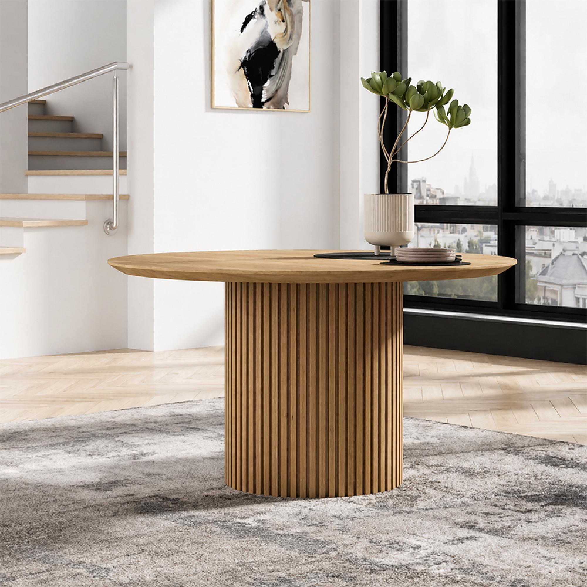 Timo Dining Table - Round - with Slatted Base - Lacquered Oak - Variation Available