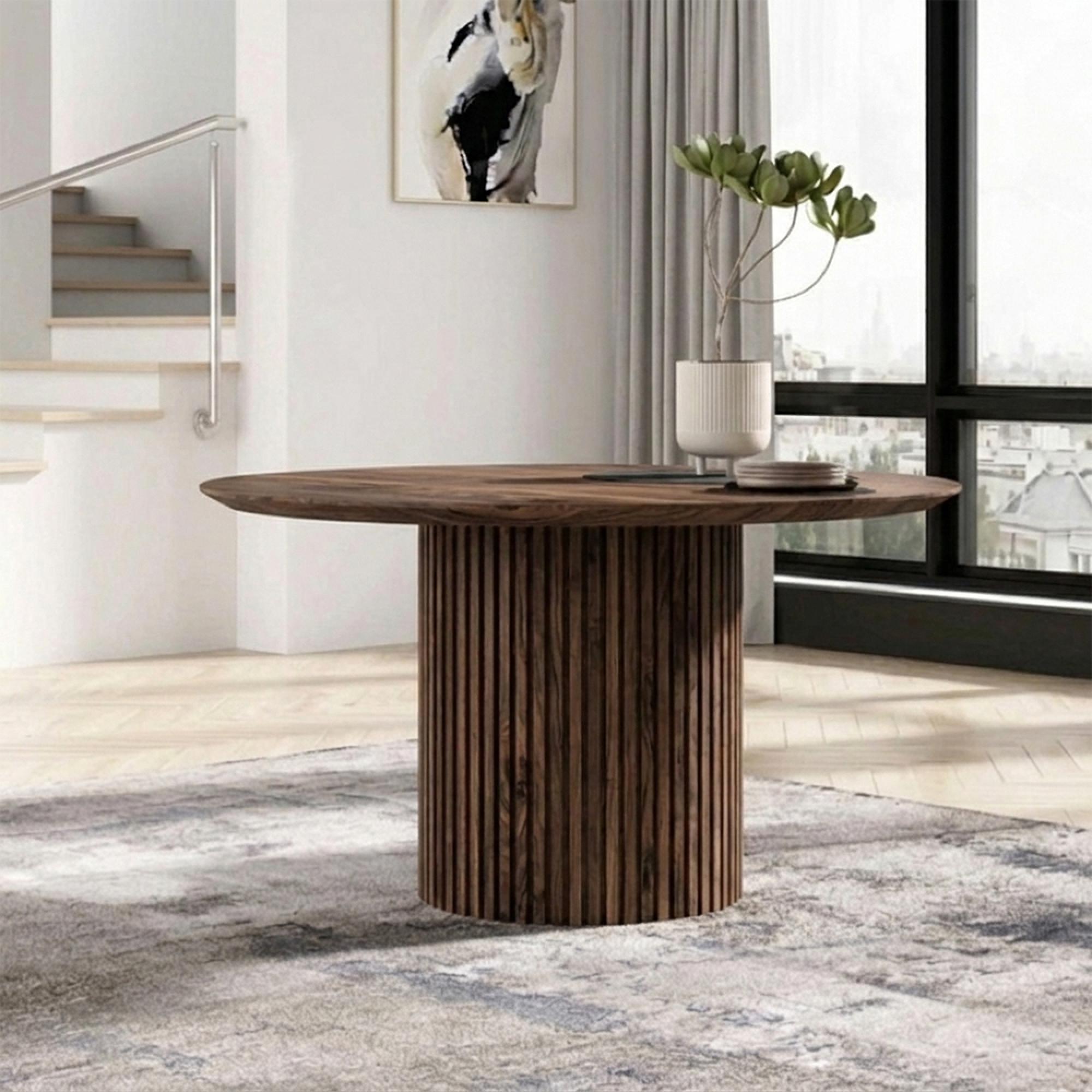 Timo Dining Table - Round - with Slatted Base - Lacquered Walnut - Variation Available