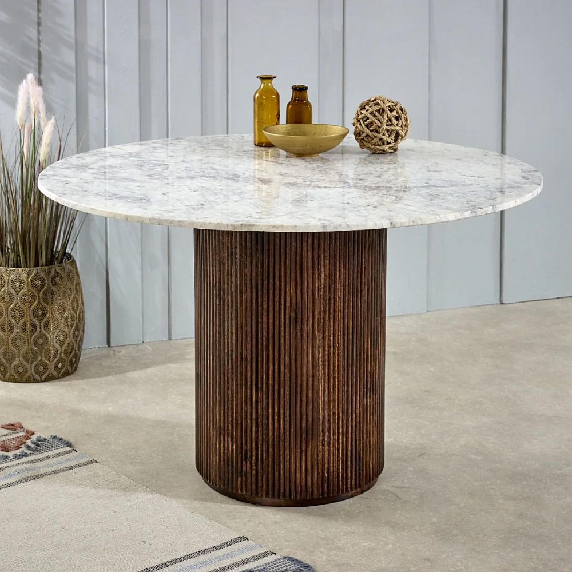 Opal Fluted Dining Table - 4 Seater - 120cm - Round - Pedestal - White Marble Top - Mango Wood