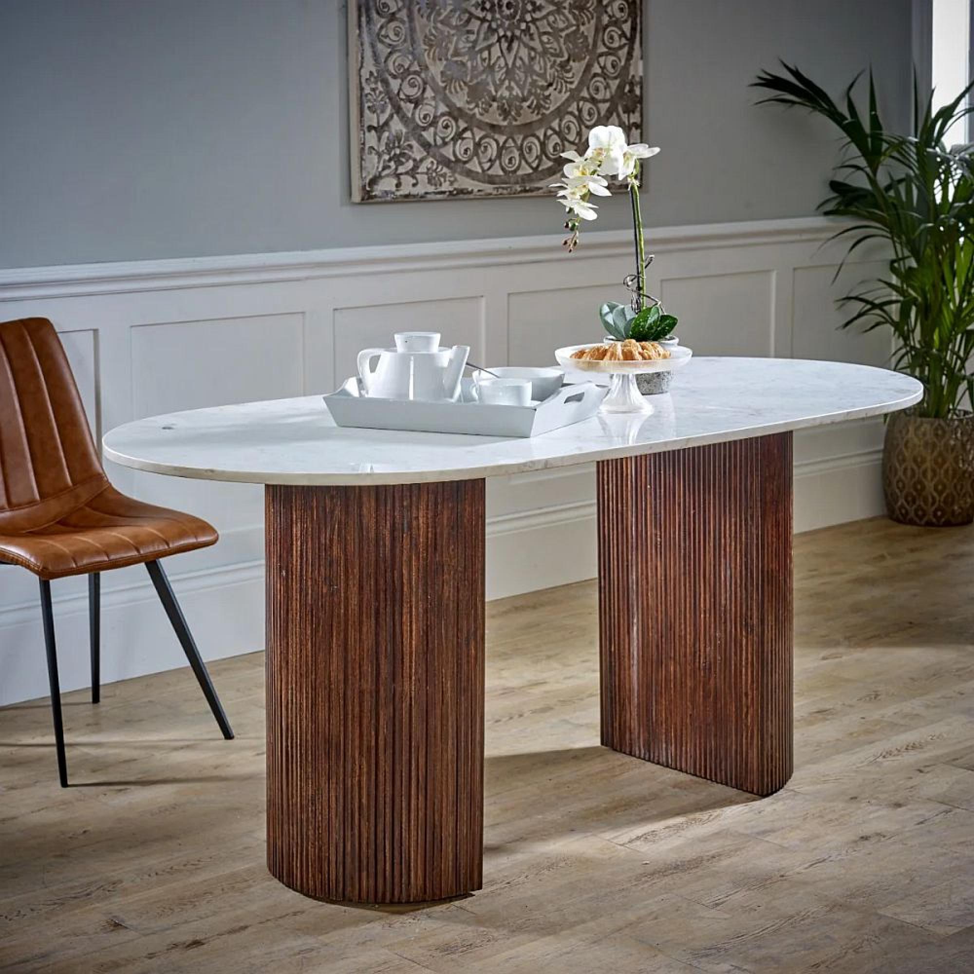 Opal Fluted Dining Table - 6 Seater - 170cm - Double Pedestal - White Marble Top - Mango Wood