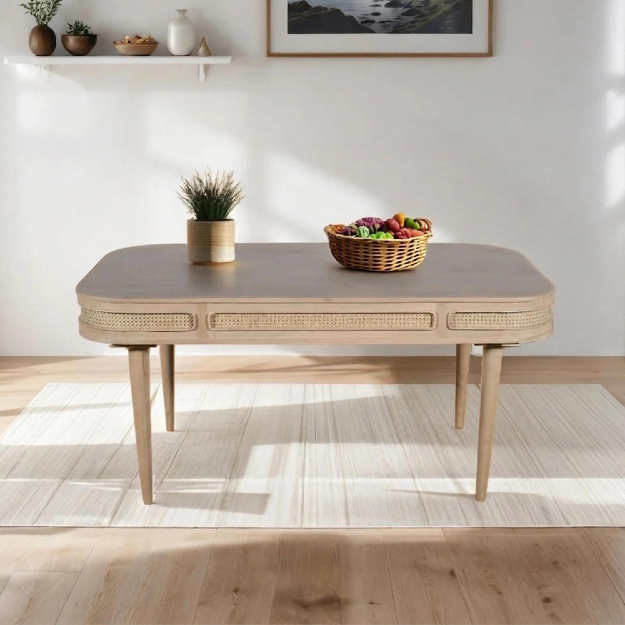 Valencia Dining Table - 6 Seater - 165cm - Curved - Natural Rattan and Mango Wood