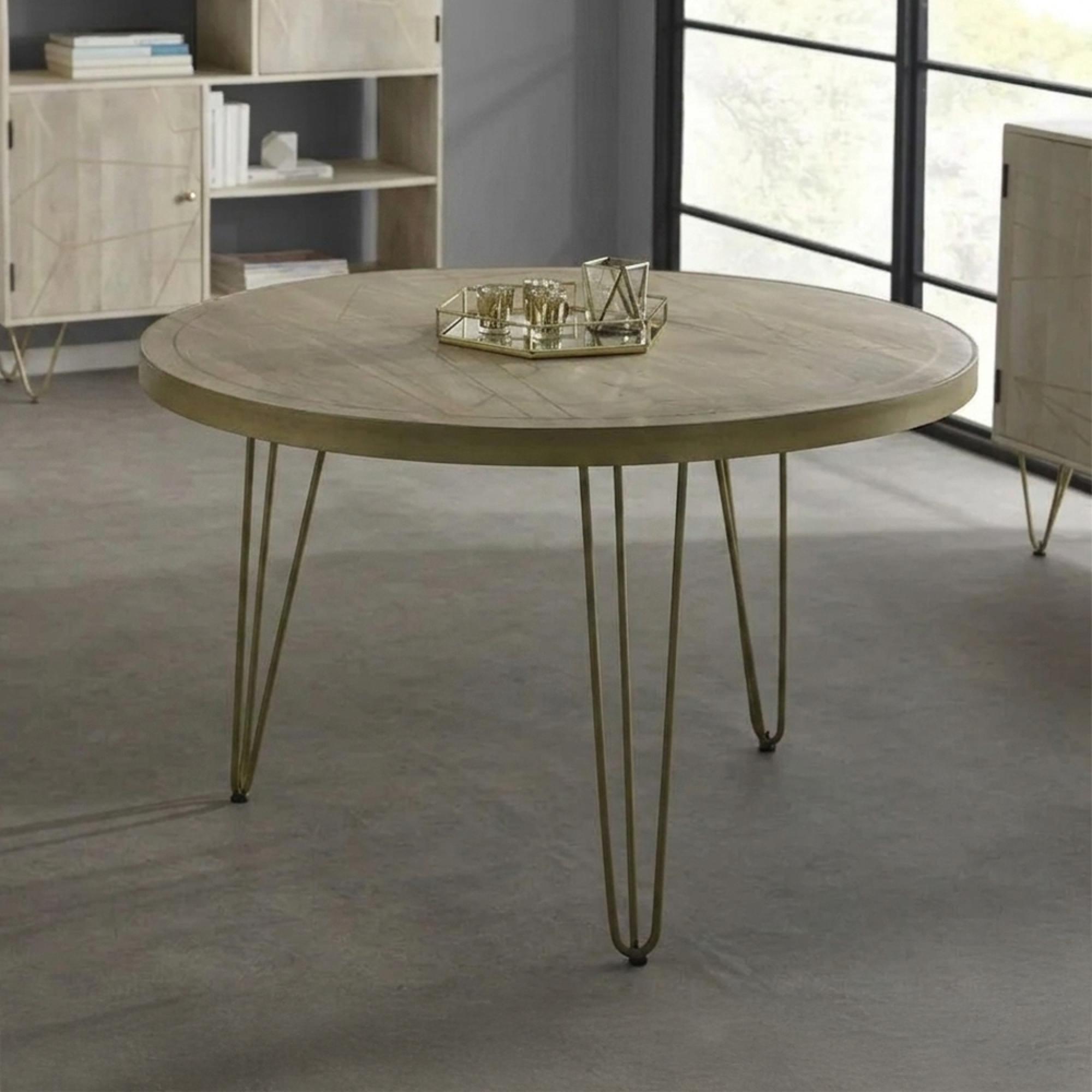 Dining Table - 4 Seater - 120cm - Round - Hairpin Legs - Gold Geometric Inlay - Light Mango Wood