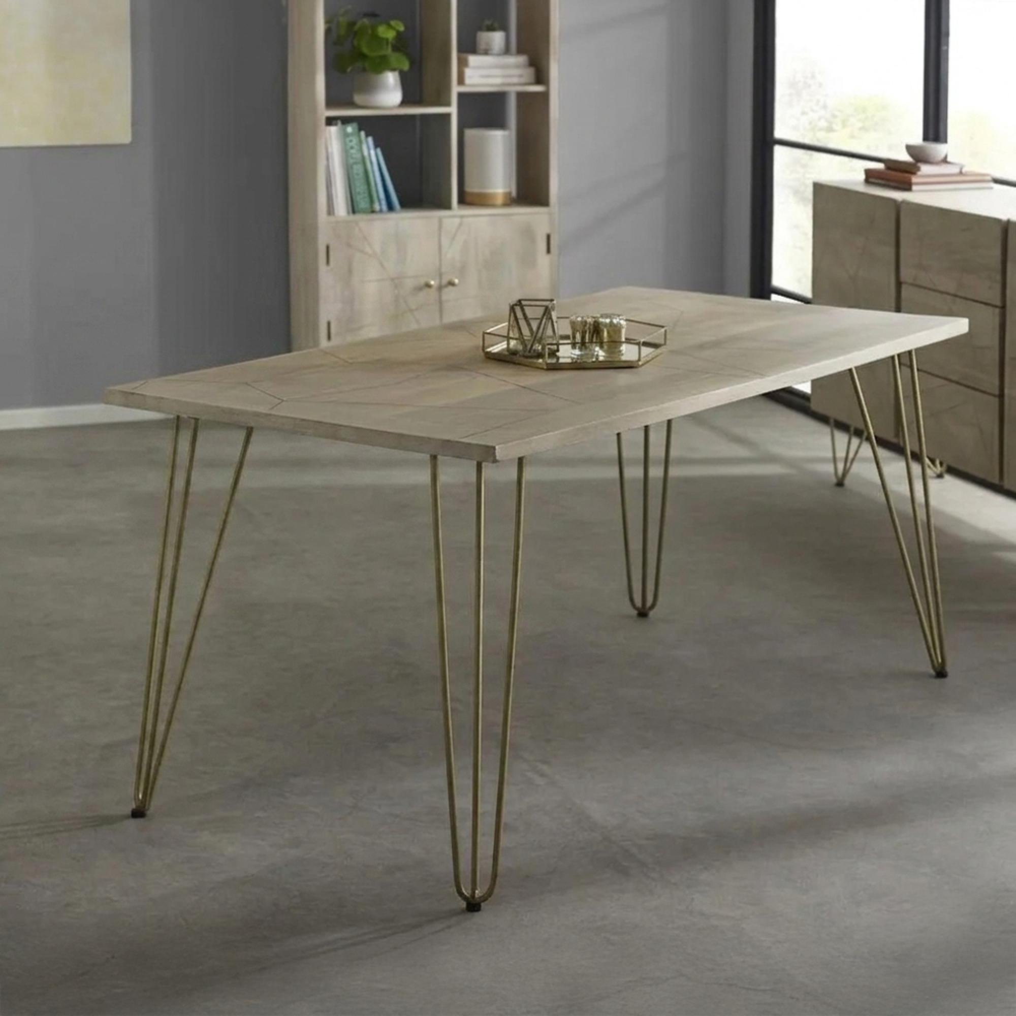 Dining Table - 6 Seater - 160cm - Hairpin Legs - Gold Geometric Inlay - Light Mango Wood