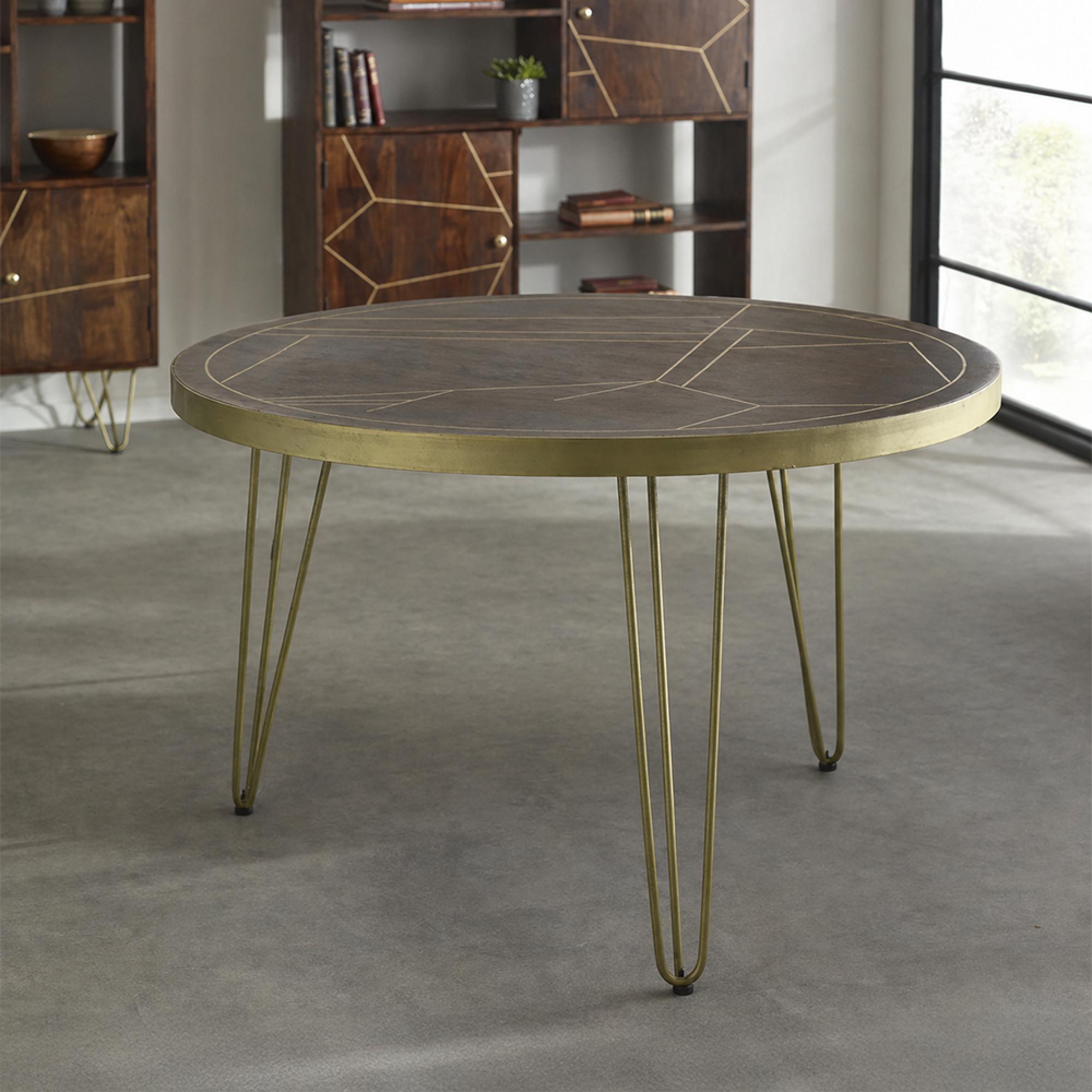 Dining Table - 4 Seater - 120cm - Round - Hairpin Legs - Gold Geometric Inlay - Dark Mango Wood