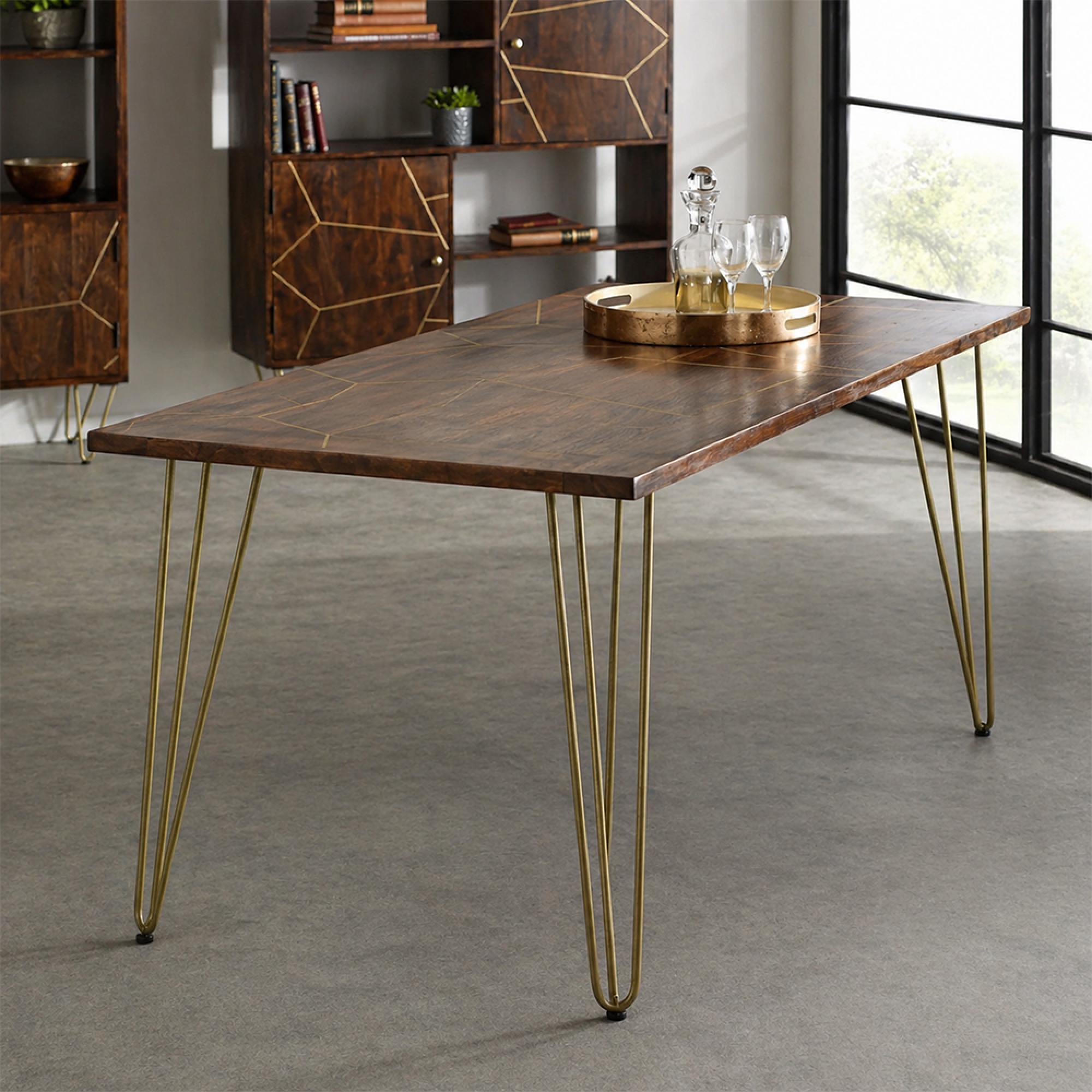 Dining Table - 6 Seater - 160cm - Hairpin Legs - Gold Geometric Inlay - Dark Mango Wood