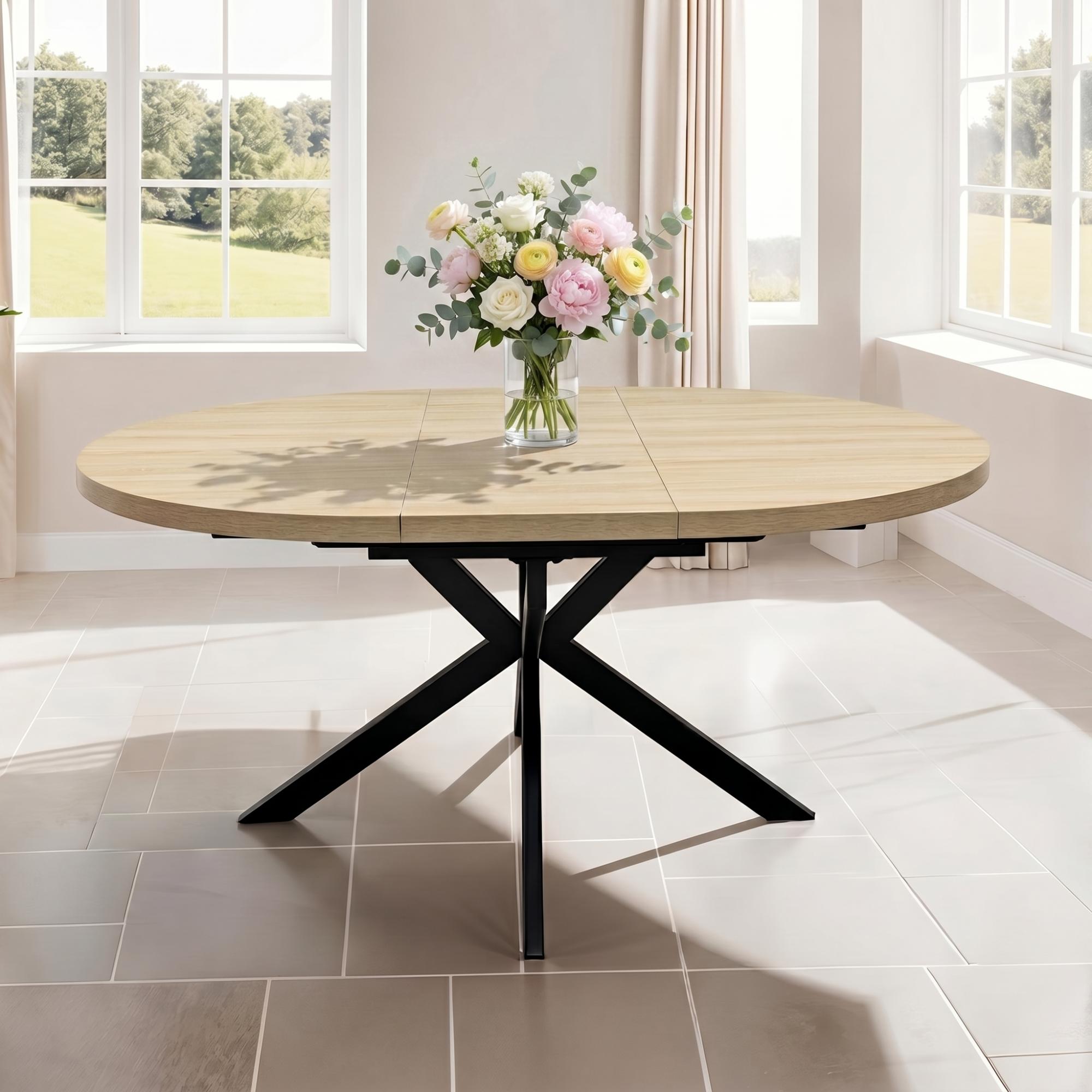 Dalton Extending Dining Table - 4-6 Seater - 120cm-160cm - Round - Light Oak - Spider Legs