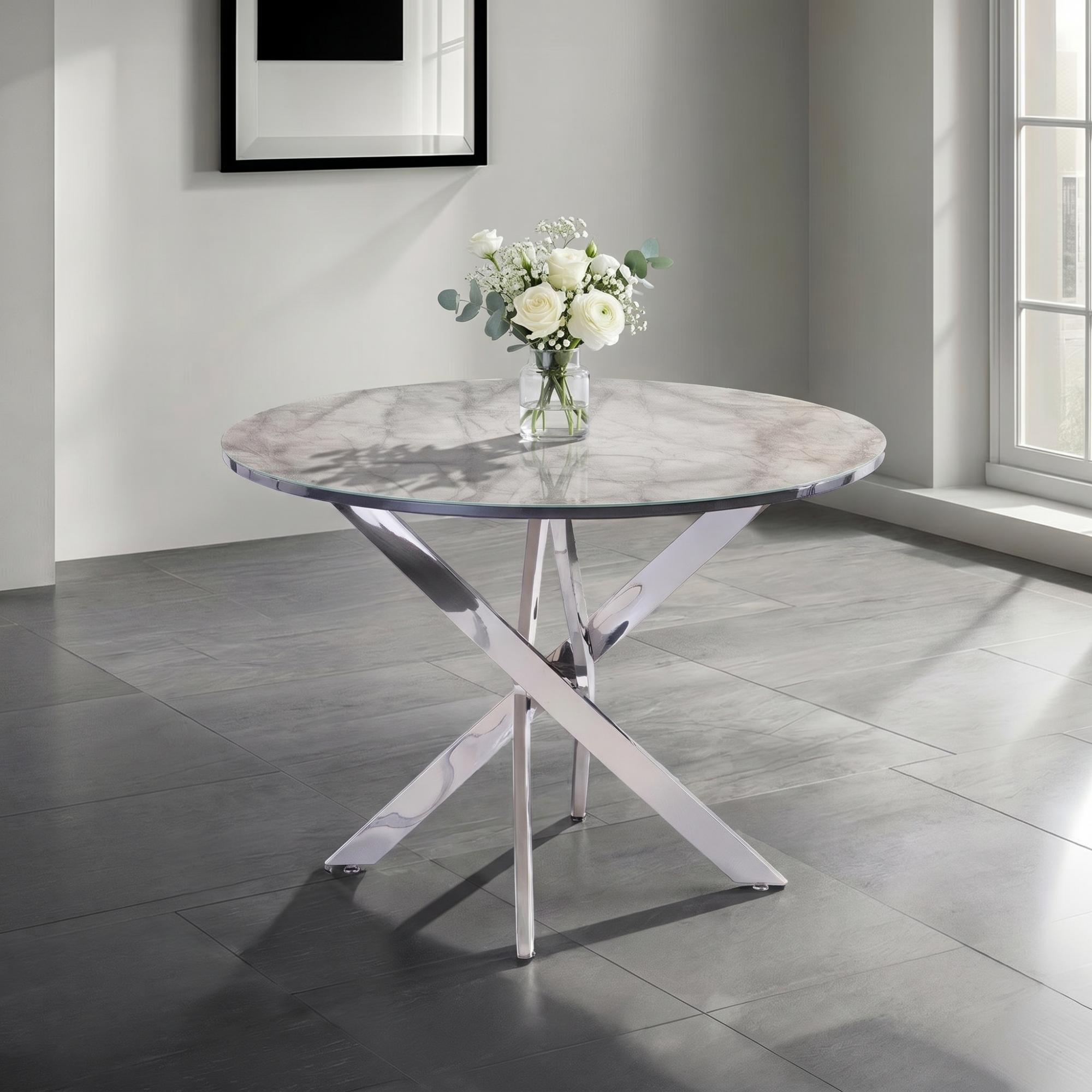 Alden Dining Table - 4 Seater - 107cm - Round - Chrome Legs - White and Grey Marble Effect