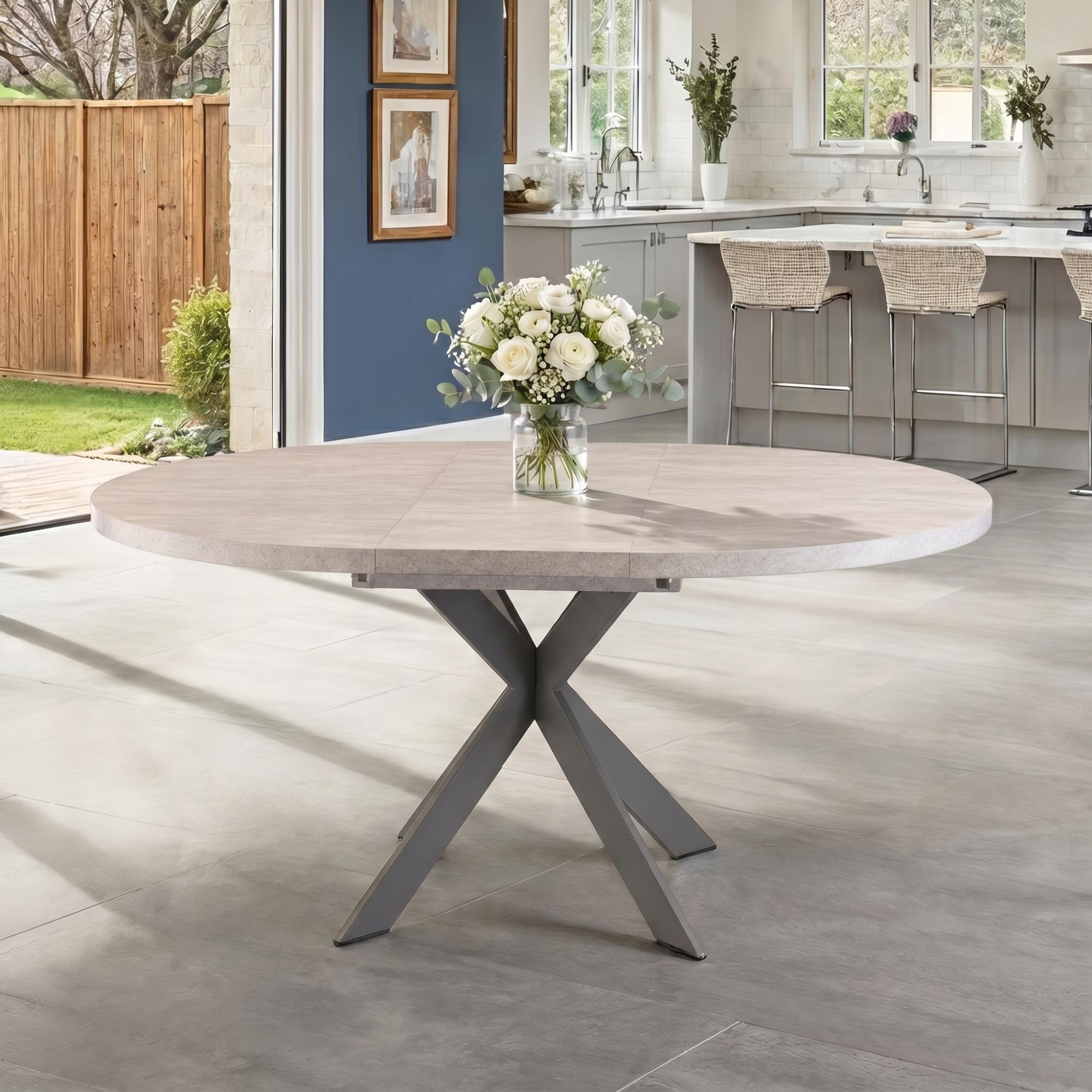 Rimini Extending Dining Table - 4-6 Seater - 120cm-160cm - Round - Spider Legs - Light Grey