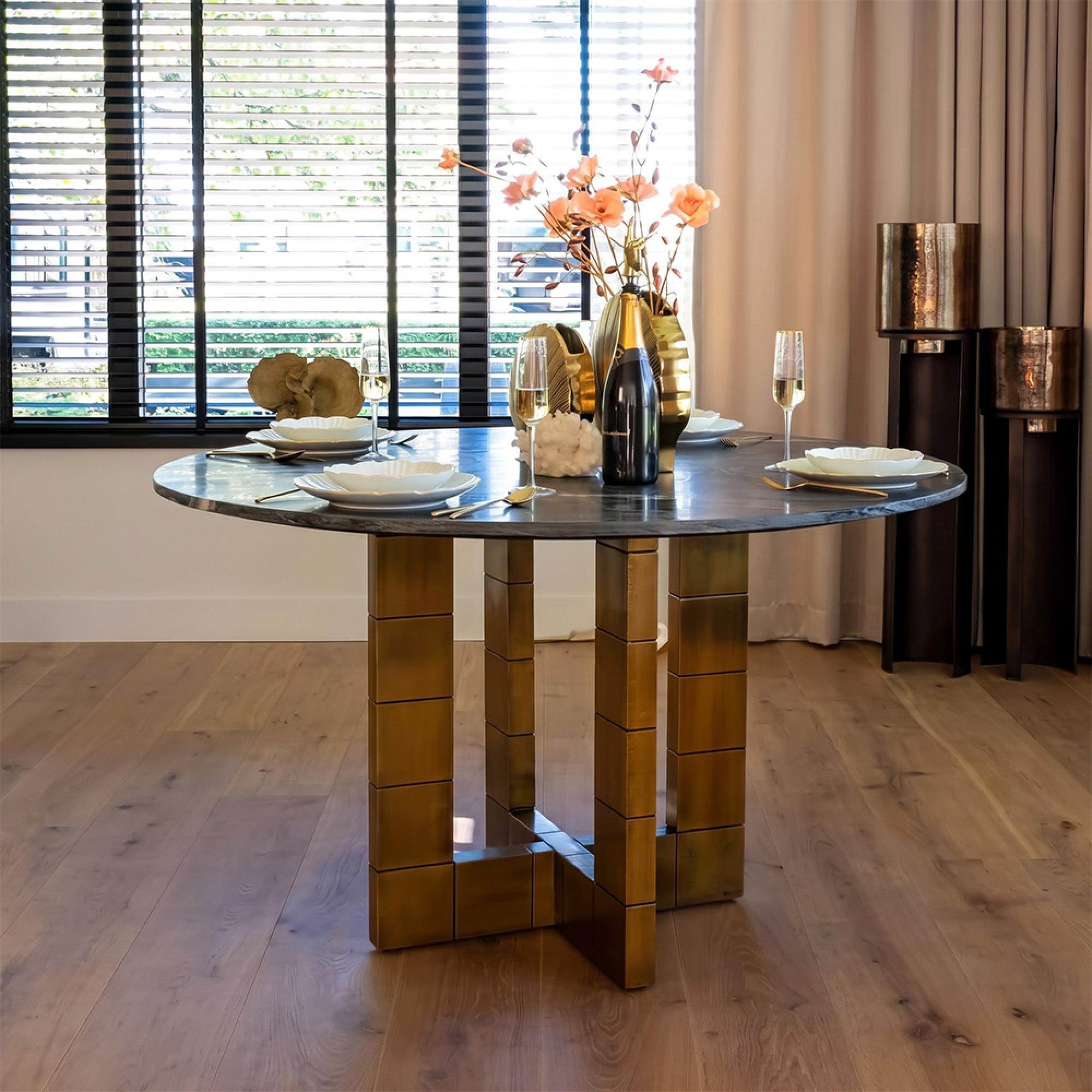 Collada Black Marble and Gold 4 Seater Round Pedestal Dining Table