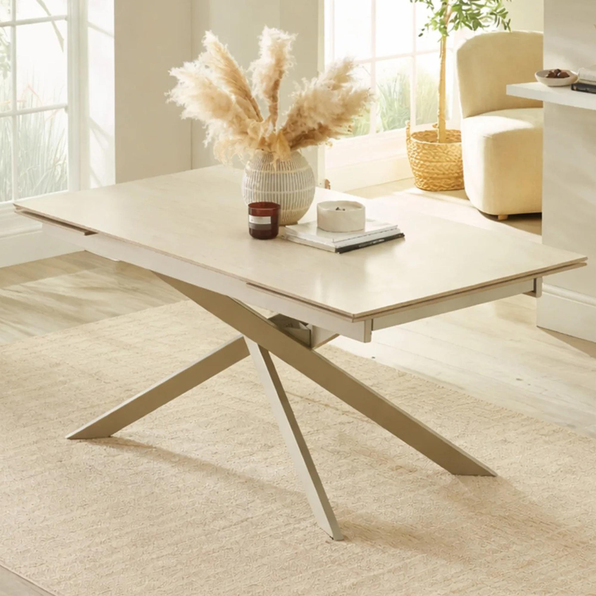 Osaka Extending Dining Table - 160cm-200cm - 6-8 Seater - Cream - Sintered Stone and Metal