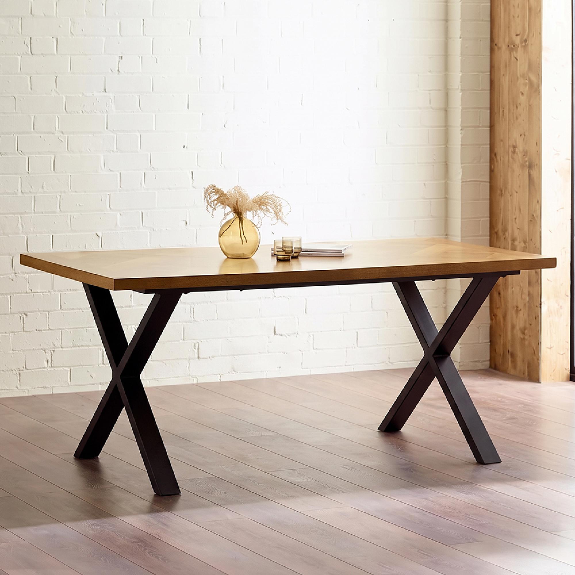 Aron Dining Table - 180cm - 8 Seater - Cross Leg - Natural and Black - Oak and Metal