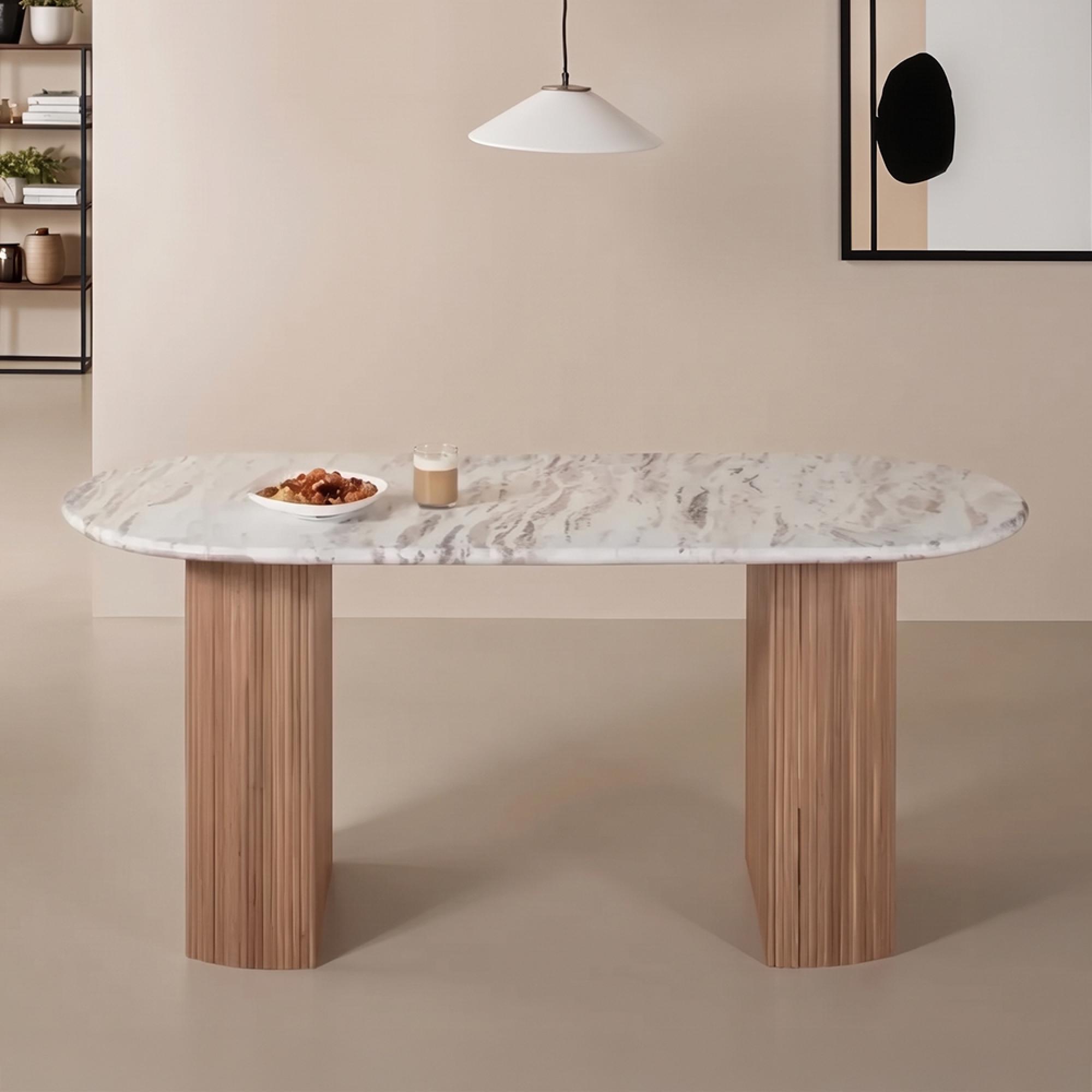 Ashford Dining Table - 170cm - 6 Seater - Oval - Fluted - Pale Taupe - Marble Top and Mango Wood