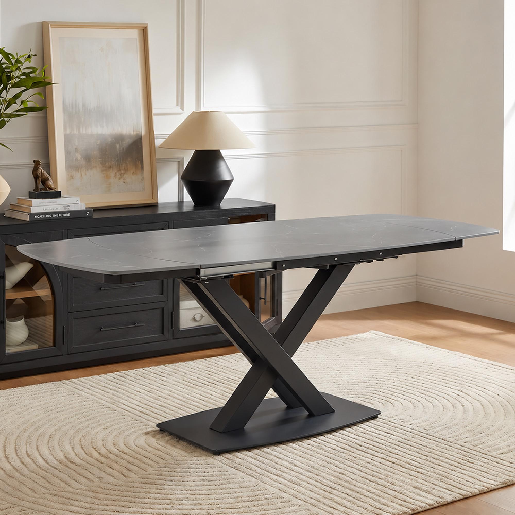 Arctic-Black-Ceramic-Swivel-Top-4-8-Seater-140cm-200cm-Extending-Dining-Table-with-Cross-Base