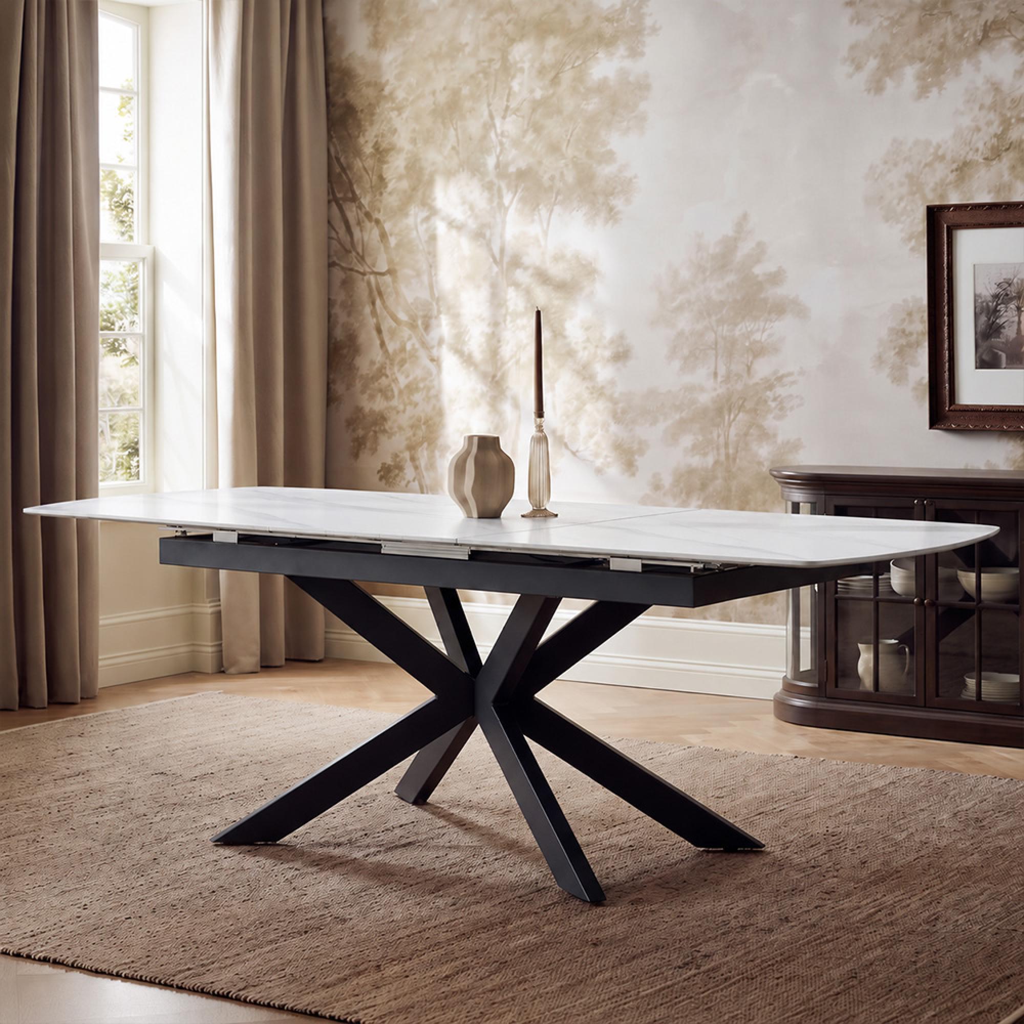 Bari White Ceramic 4-6 Seater 140cm-180cm Extending Dining Table with Black Star Base