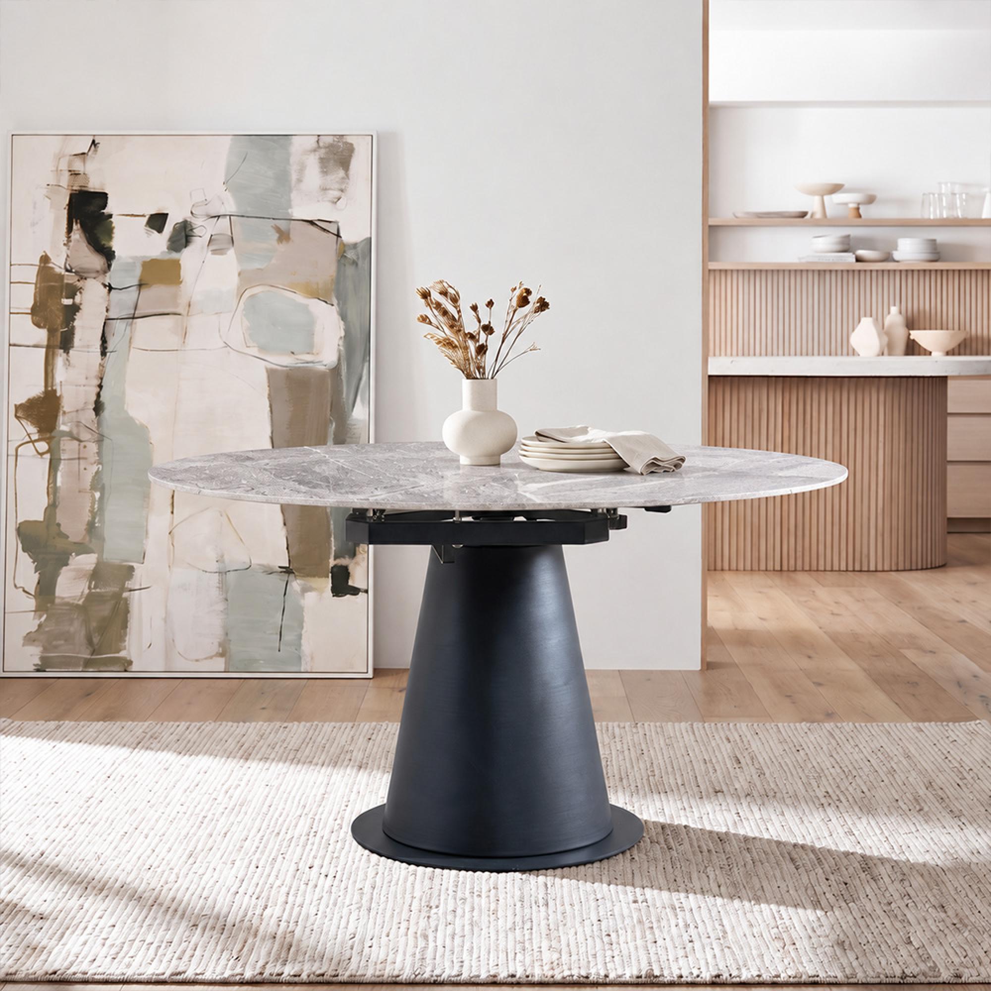 Carrara Grey Ceramic 6 Seater Swivel Motion 135cm Round Dining Table with Black Pedestal Base