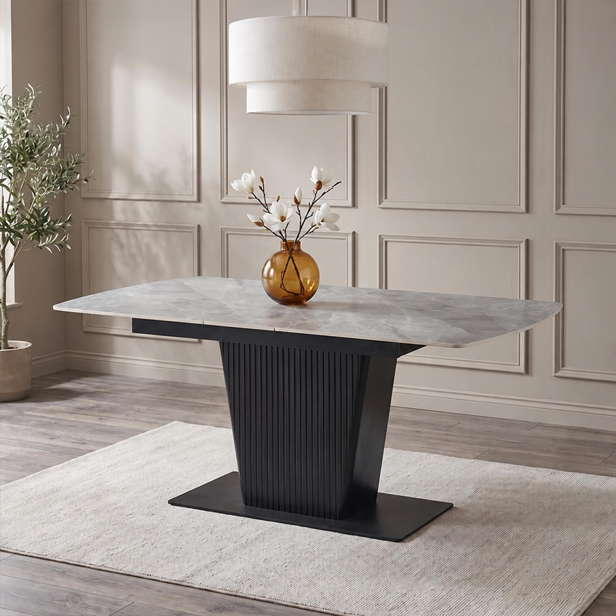 Dutton Grey Ceramic 4-6 Seater 130cm-170cm Extending Dining Table with Black Pedestal Base