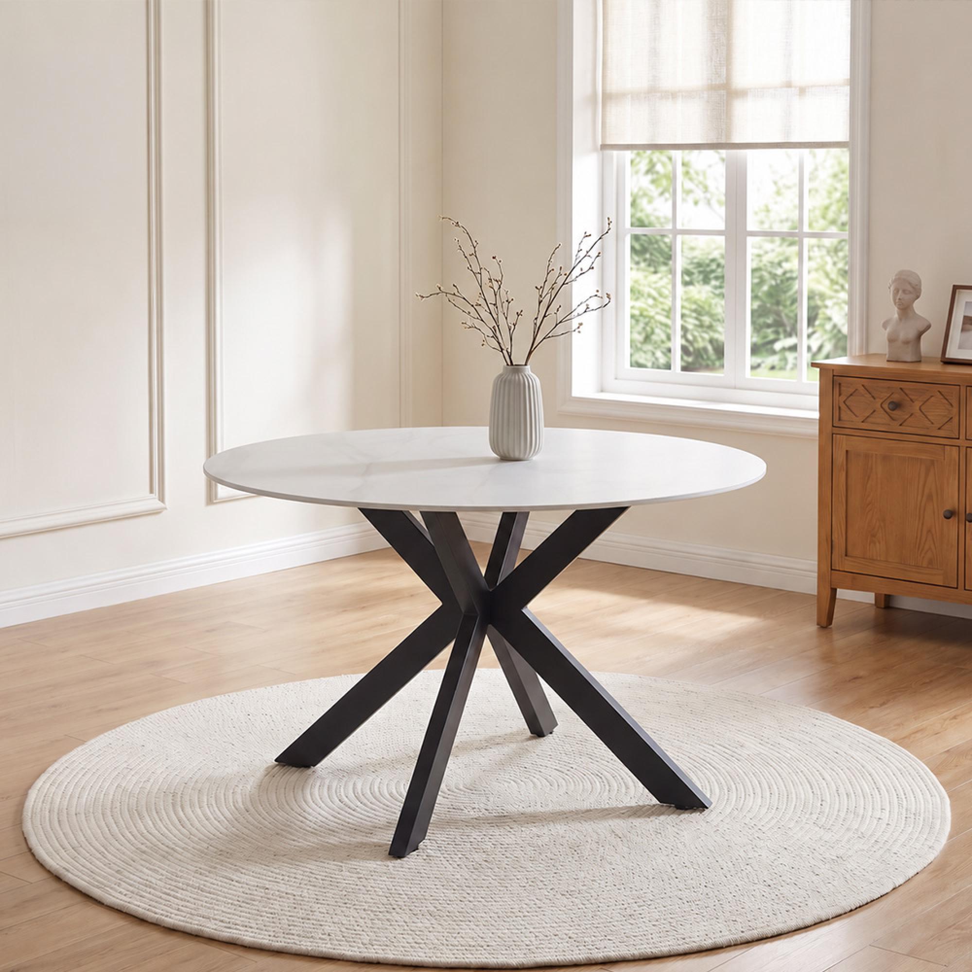 Novara White Ceramic 4 Seater 130cm Round Dining Table with Black Star Base