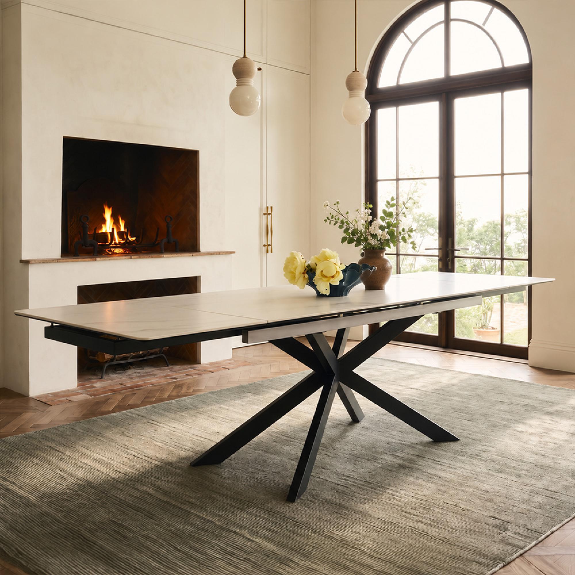 Sutton-White-Ceramic-4-8-Seater-140cm-200cm-Extending-Dining-Table-with-Black-Star-Base
