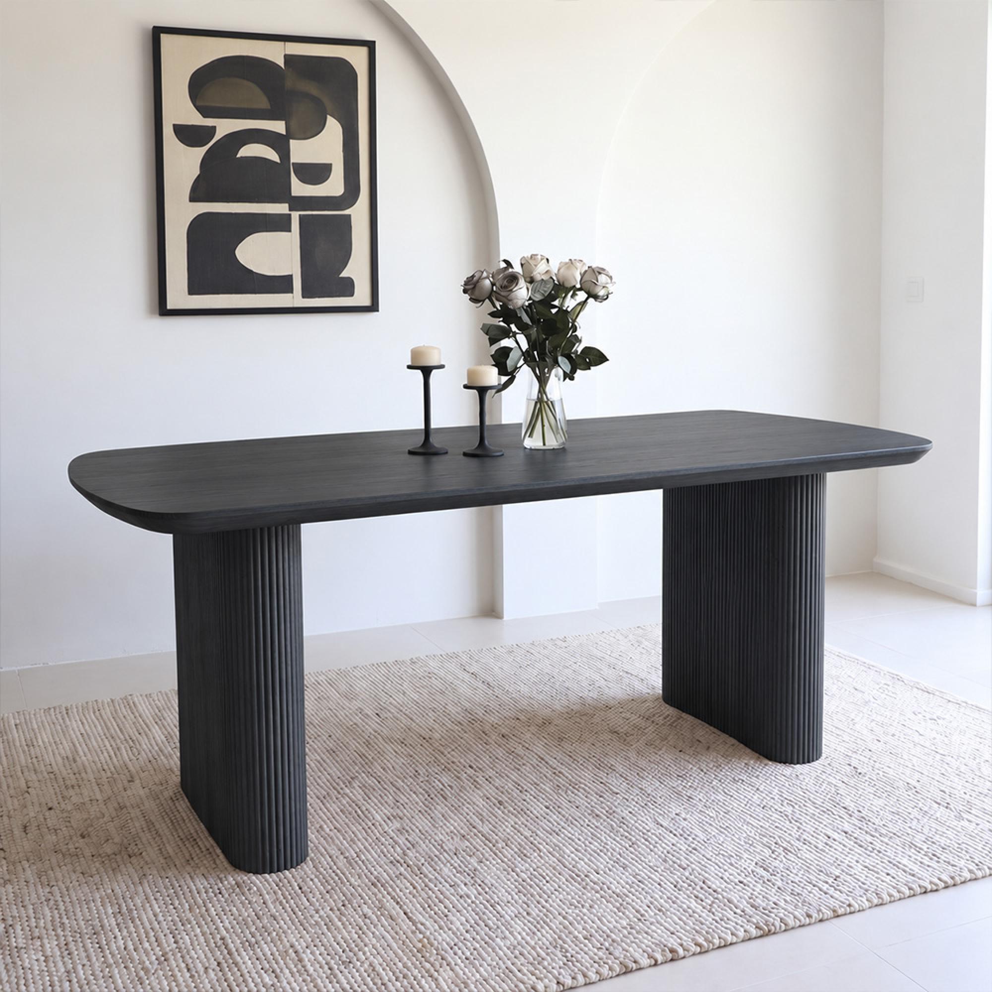 Bern Fluted Black 6 Seater 160cm Dining Table with Pedestal Base