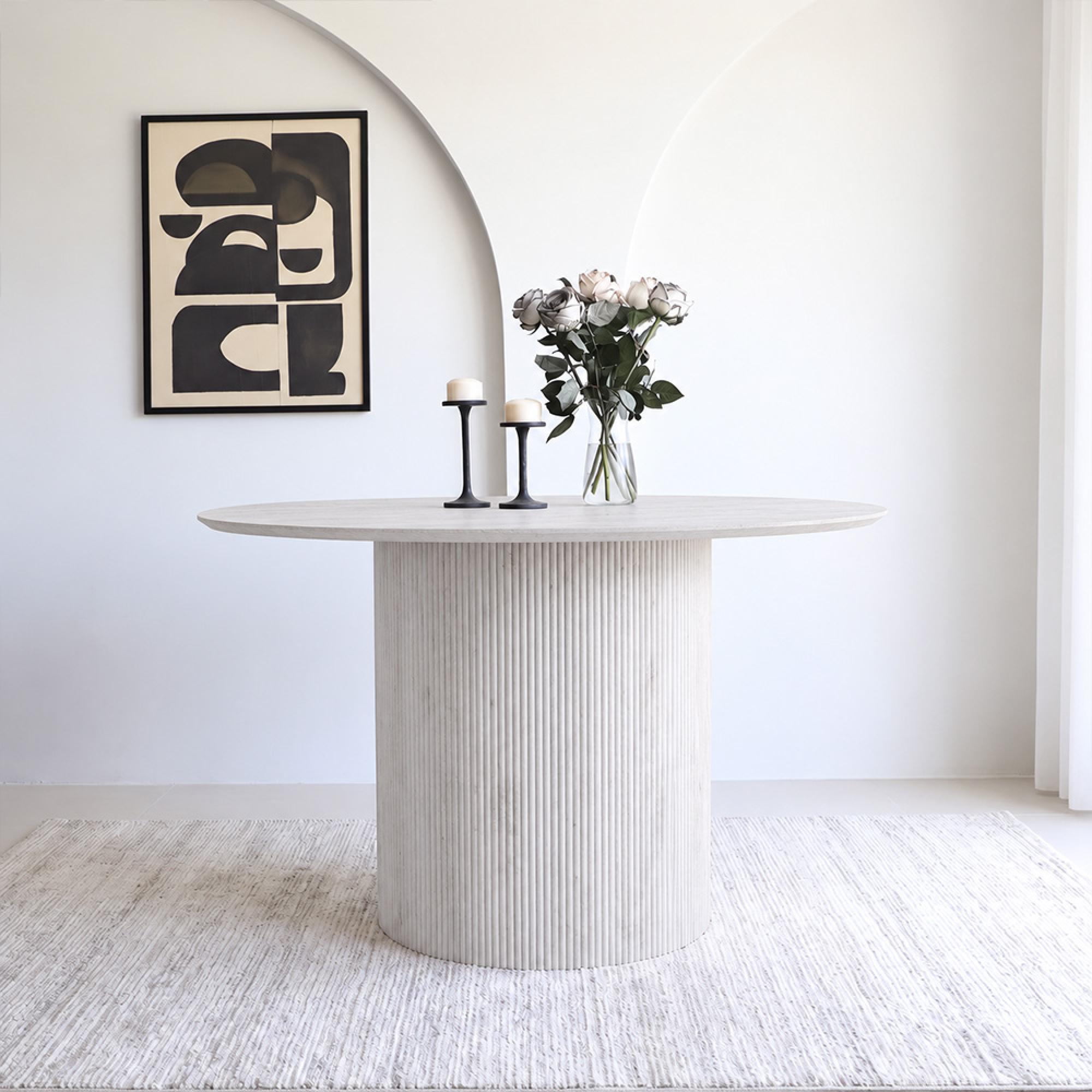 Bern Fluted White Washed Oak 4 Seater 120cm Round Dining Table with Drum Base