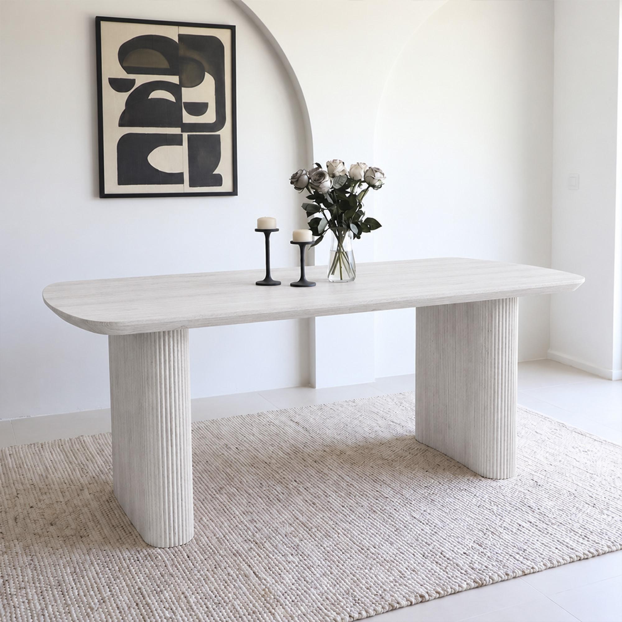 Bern Fluted White Washed Oak 6 Seater 160cm Dining Table with Pedestal Base
