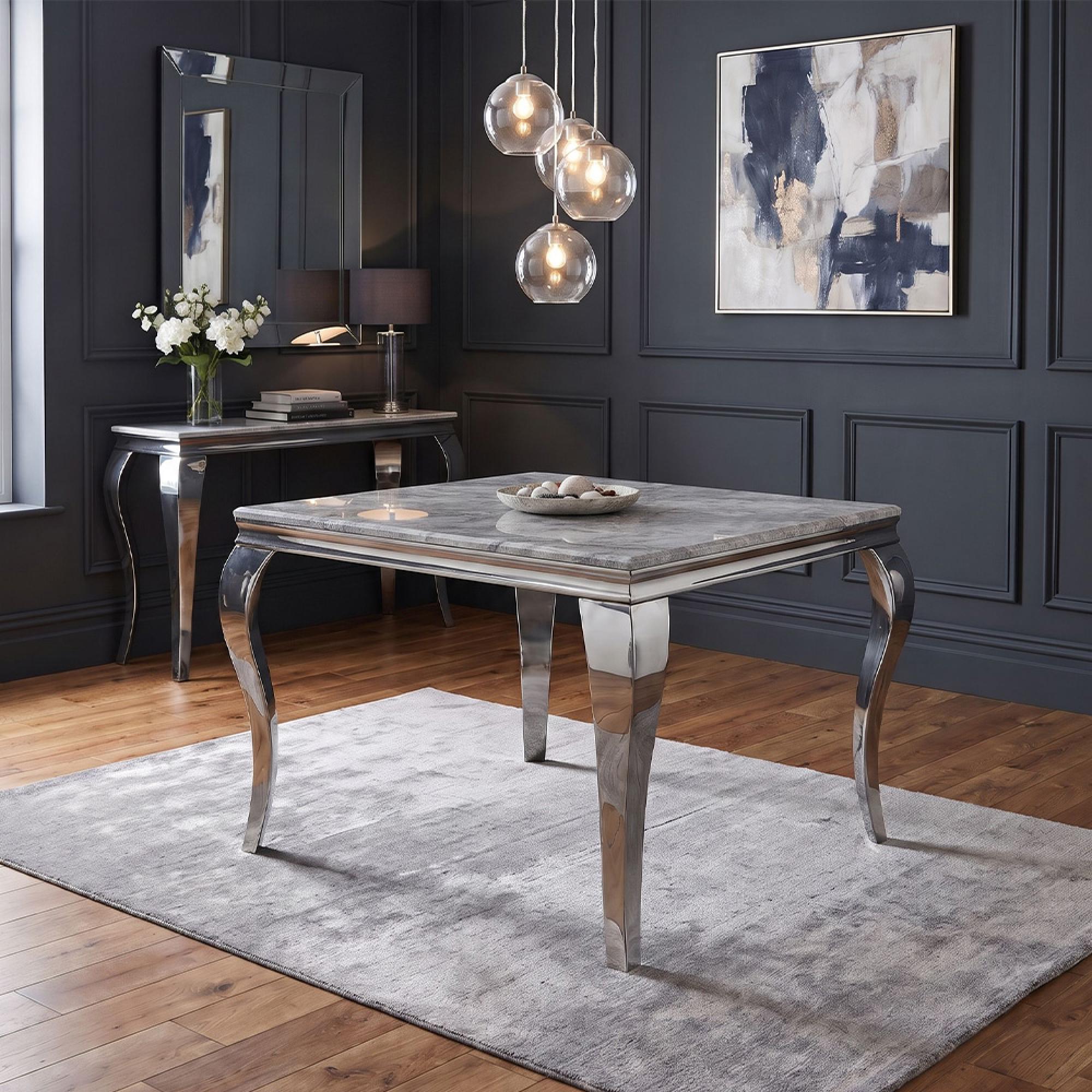 Louis Grey Marble and Chrome 4 Seater 100cm Square Dining Table