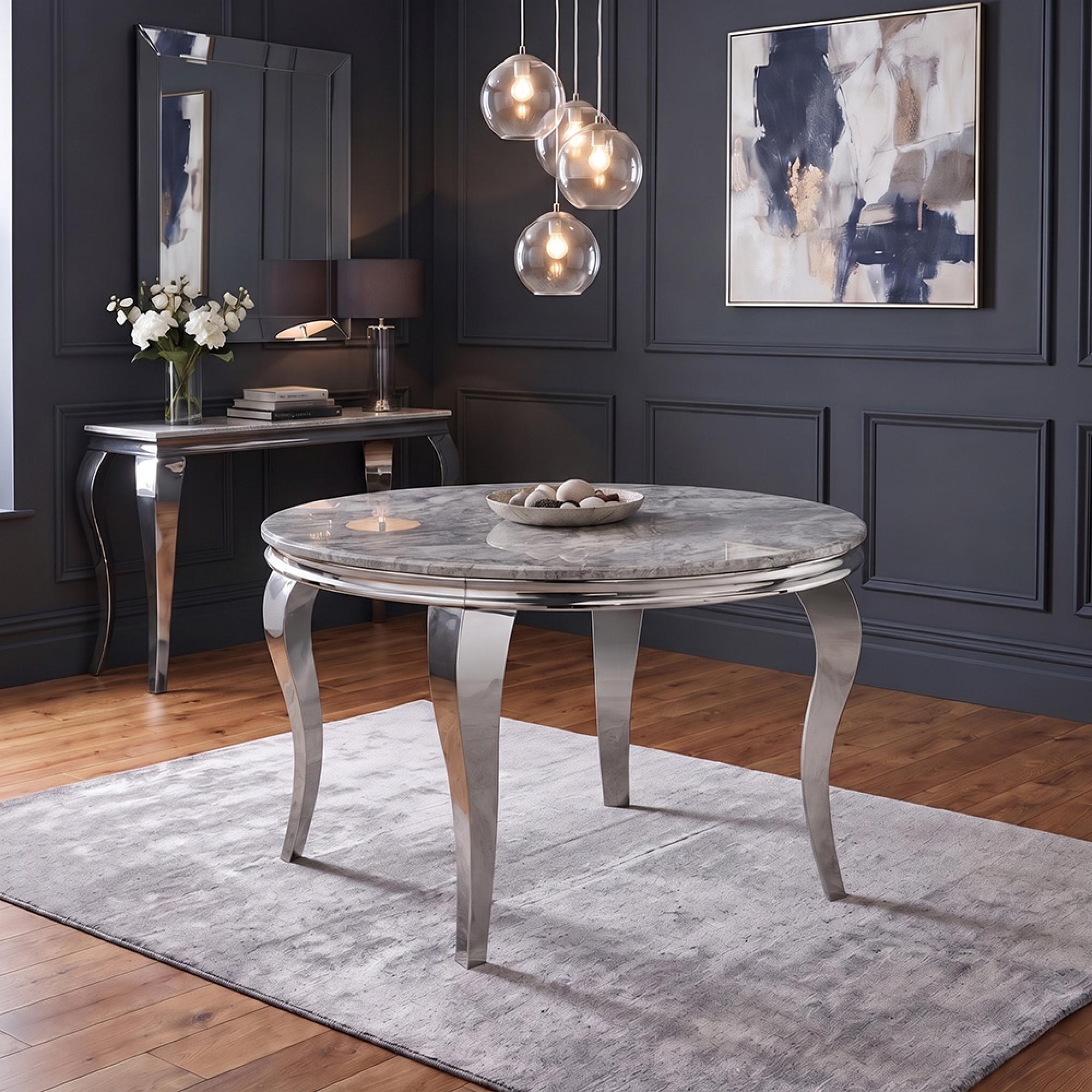 Louis Grey Marble and Chrome 4 Seater 120cm Round Dining Table