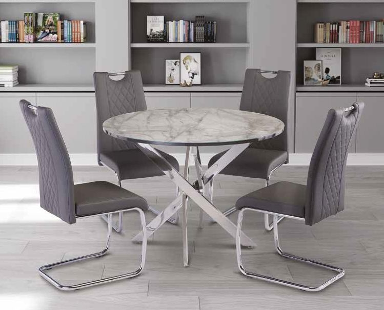 Alden Dining Table - 4 Seater - 107cm - Round - Chrome Legs - White and Grey Marble Effect