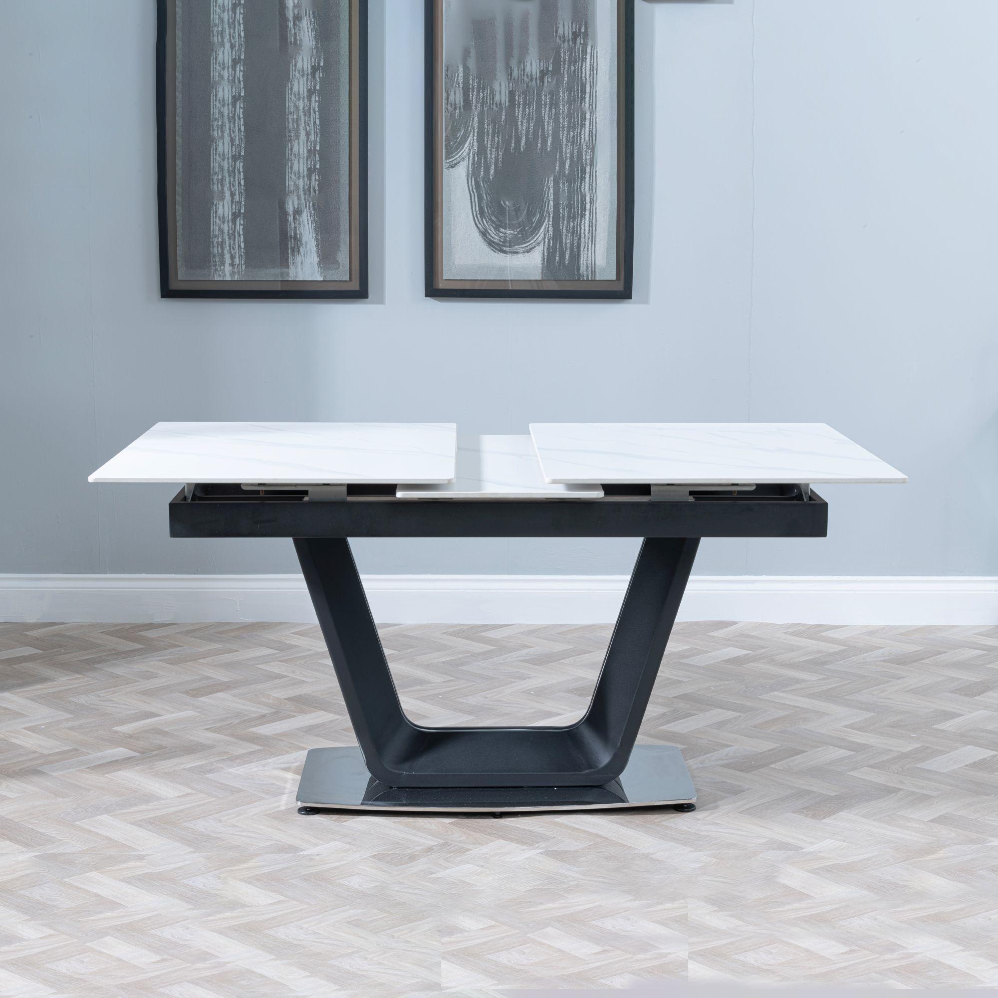 Alpha Extending Dining Table - 4-6 Seater - 140cm-180cm - White Ceramic - Black Base