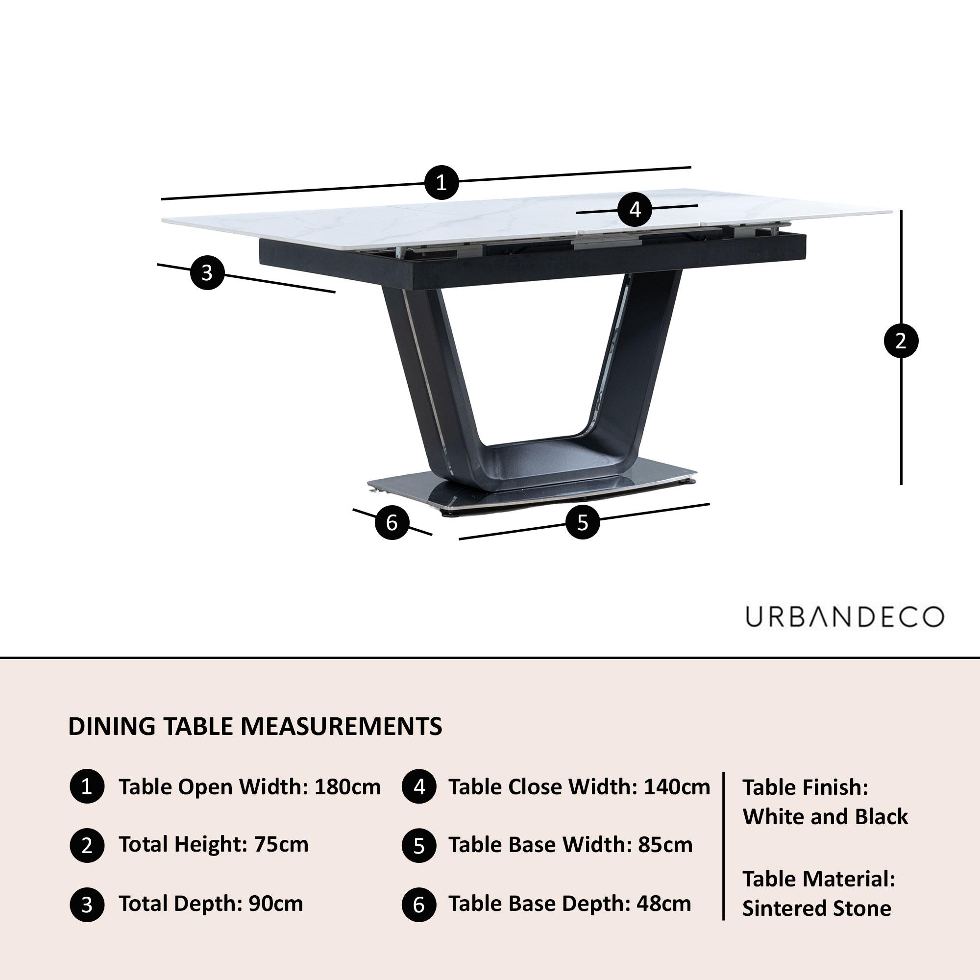 Alpha Extending Dining Table - 4-6 Seater - 140cm-180cm - White Ceramic - Black Base